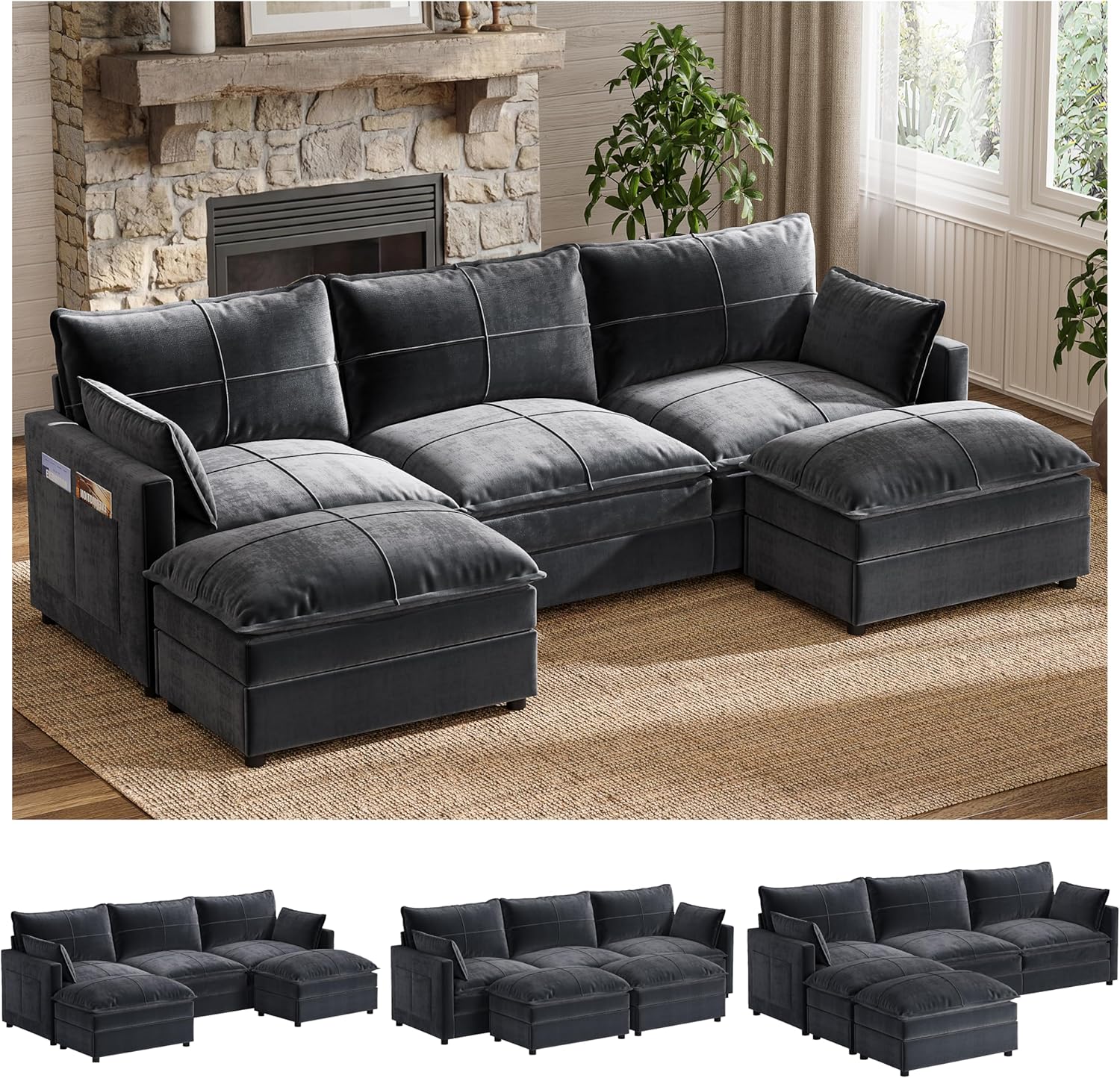 FANRAL 93" U-Shaped 5 Seat Modular Sectional Sofa, Sleeper Couch with Ottoman & Side Pockets, Modern Deep Seat Cloud Couch with Chaise for Living Room Bedroom Office,Beige Sectional Couch