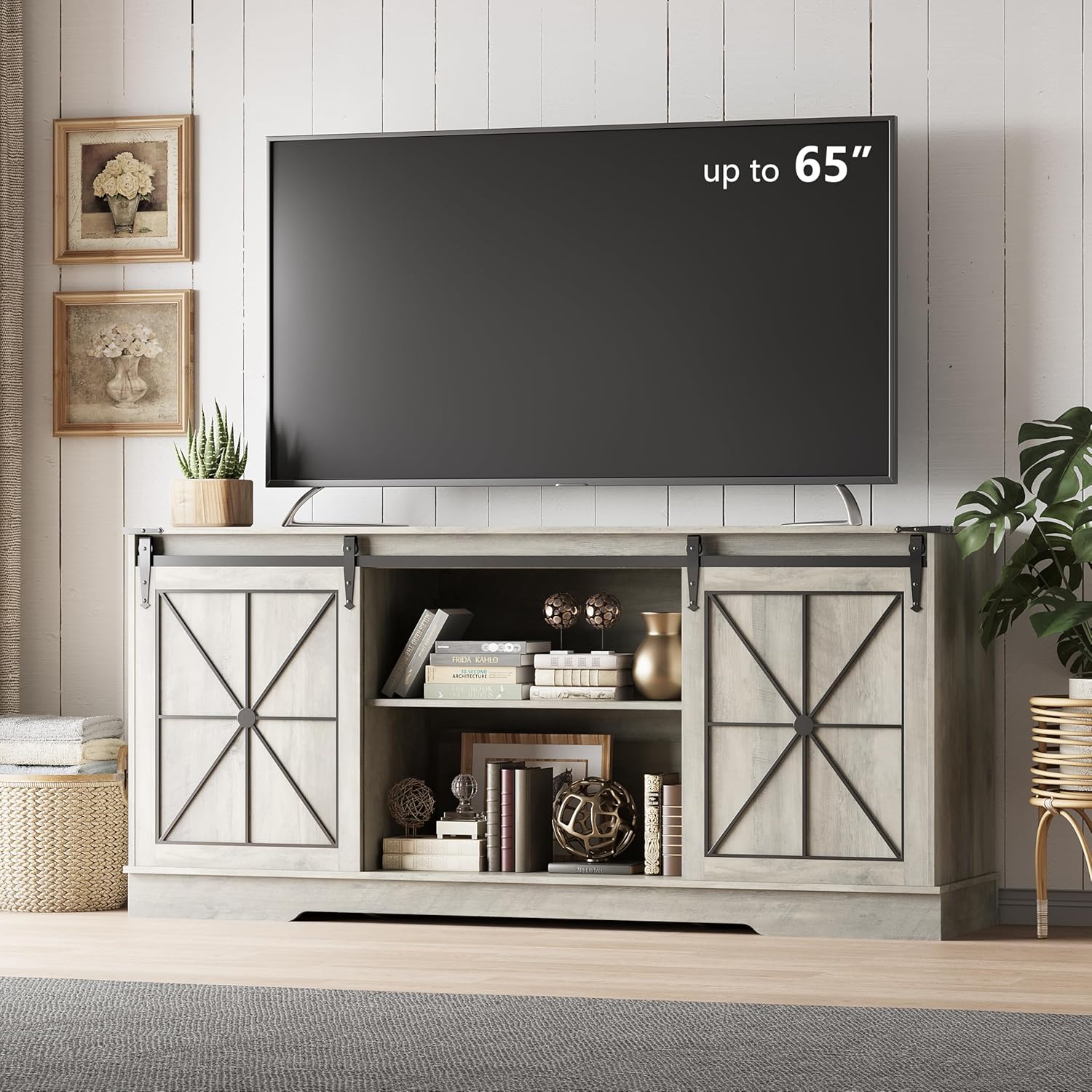 FANRAL Farmhouse TV Stand with Sliding Barn Doors,Rustic Entertainment Center for 65 Inch TV,Media Console with Storage Cabinets & Cable Holes for Living Room, TV Stand