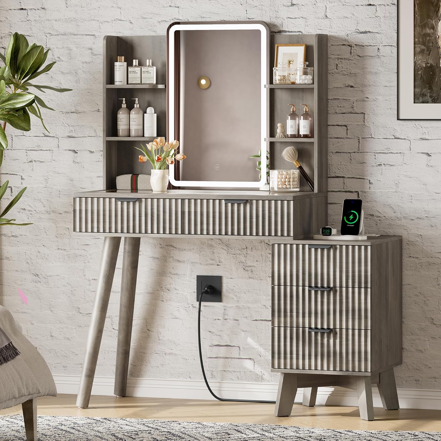 FANRAL LED Lighted Mirror Vanity Desk with Fluted Design,Charging Station & Glass Top,Modern Dressing Table with Storage Drawers & Shelves for Bedroom, Vanity