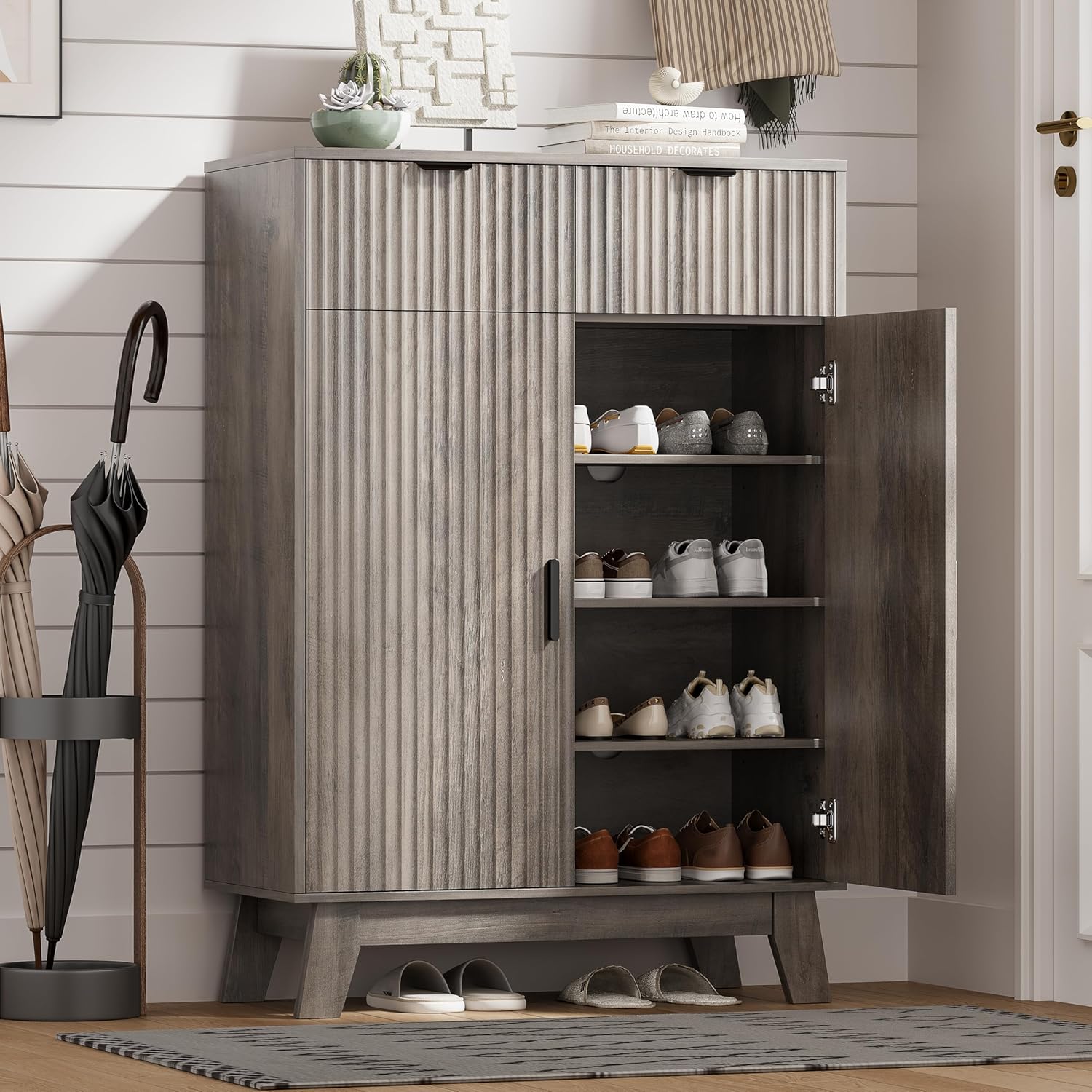 FANRAL Shoe Cabinet with 2 Flip Drawers & Open Storage,Fluted Shoe Storage Cabinet Rack Organizer with Adjustable Shelves for Entryway,Closet,Hallway,