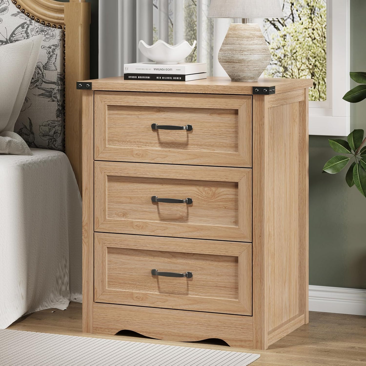FANRAL 3 Large Drawer Nightstand,29.5" Tall Night Stand,27.5" Wide Side Table, Bedside Table Modern End Table,Small Wide Dresser for Bedroom, Nightstand