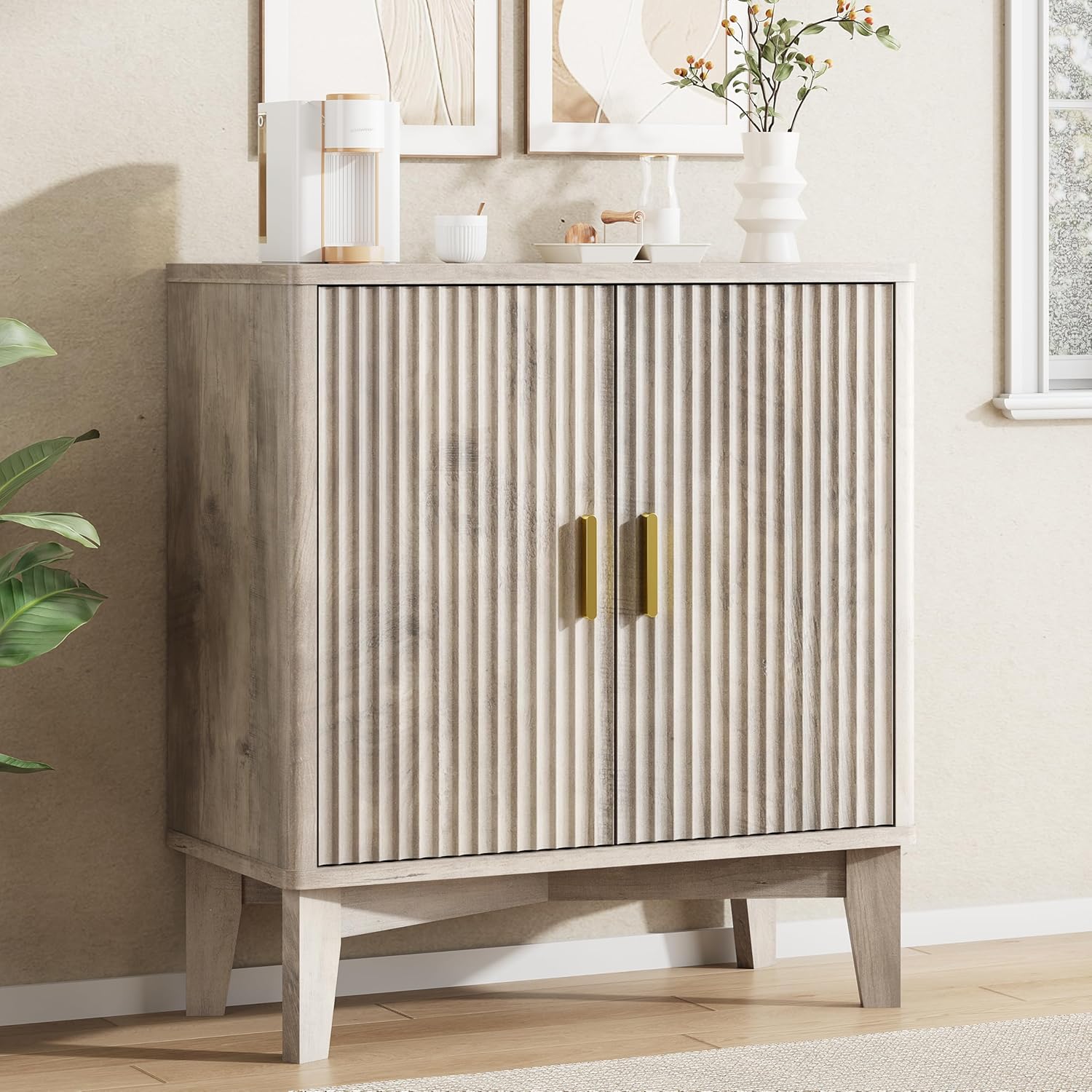 FANRAL 31.5" Wide Fluted Sideboard Buffet Cabinet with Sliding Door,Adjustable Shelves,Multi-Functional Storage Console for Kitchen Dining Room Living Room, Storage Cabinet