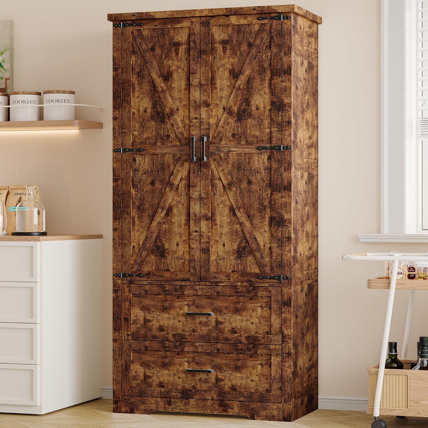 FANRAL 70¡± Tall Pantry Organizers and Storage Cabinet with Barn Doors & Drawers,Adjustable Shelf,Tall Pantry for Kitchen Dining Room Living Room Bedroom, Pantry Cabinet