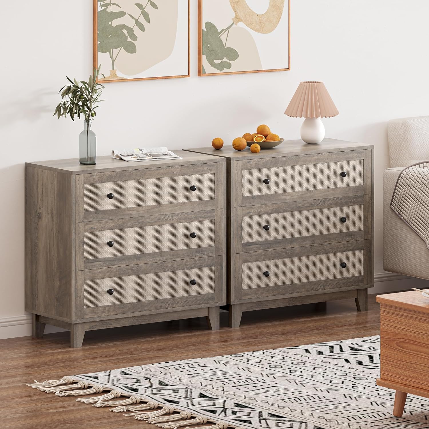 FANRAL 3 Drawers Dresser for Bedroom,Boho Small Natural Rattan Closet Dresser Chest of Drawers,Modern Clothes Storage Organizer with en Feet and Handles for Hallway,Living Room,Entryway