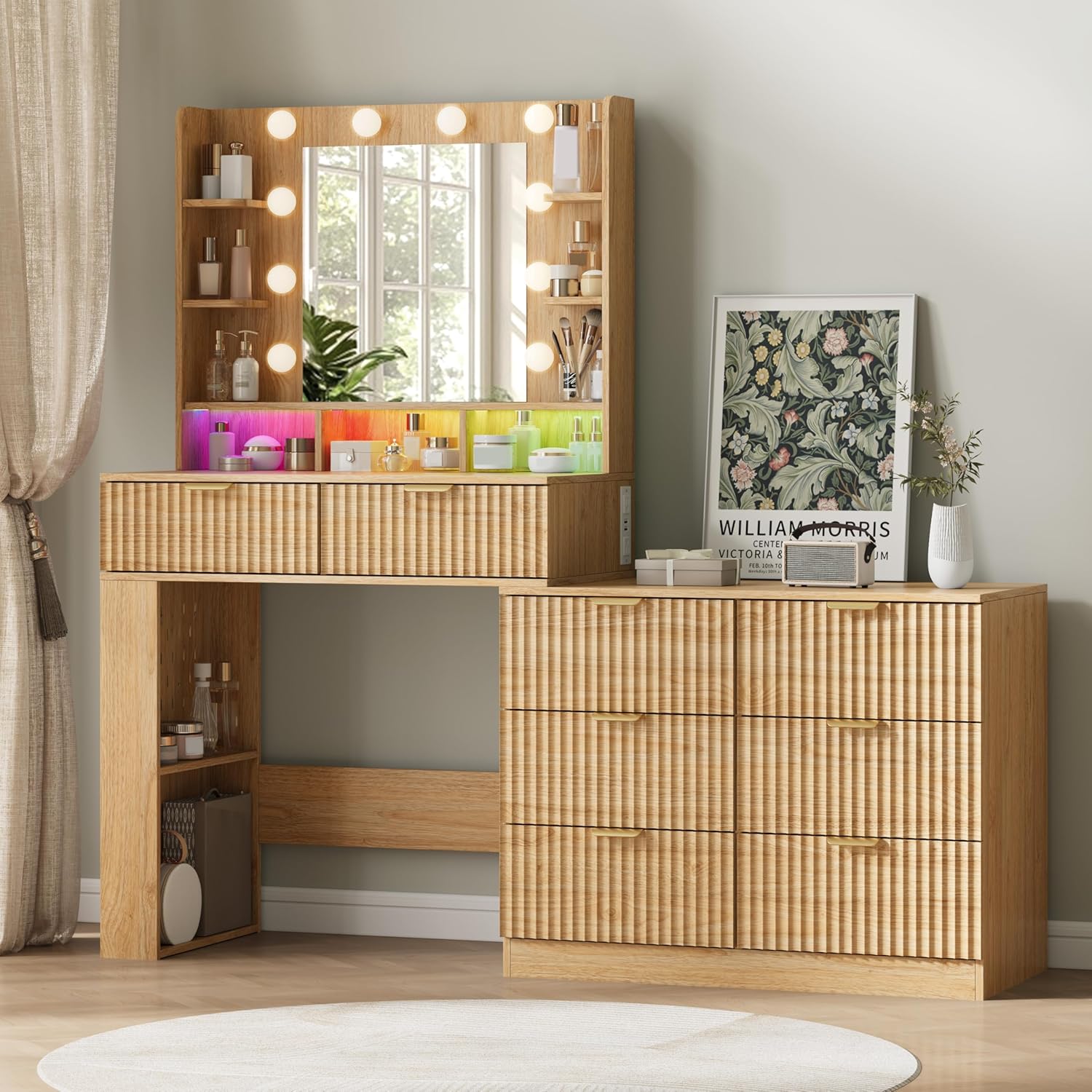 FANRAL 57" Fluted Vanity Dresser Combo with Lighted Mirror,RGB Adjustable Lighting & 8 Drawers,Mid-Century Modern Dressing Table with Built-in Charging Station for Bedroom, Vanity