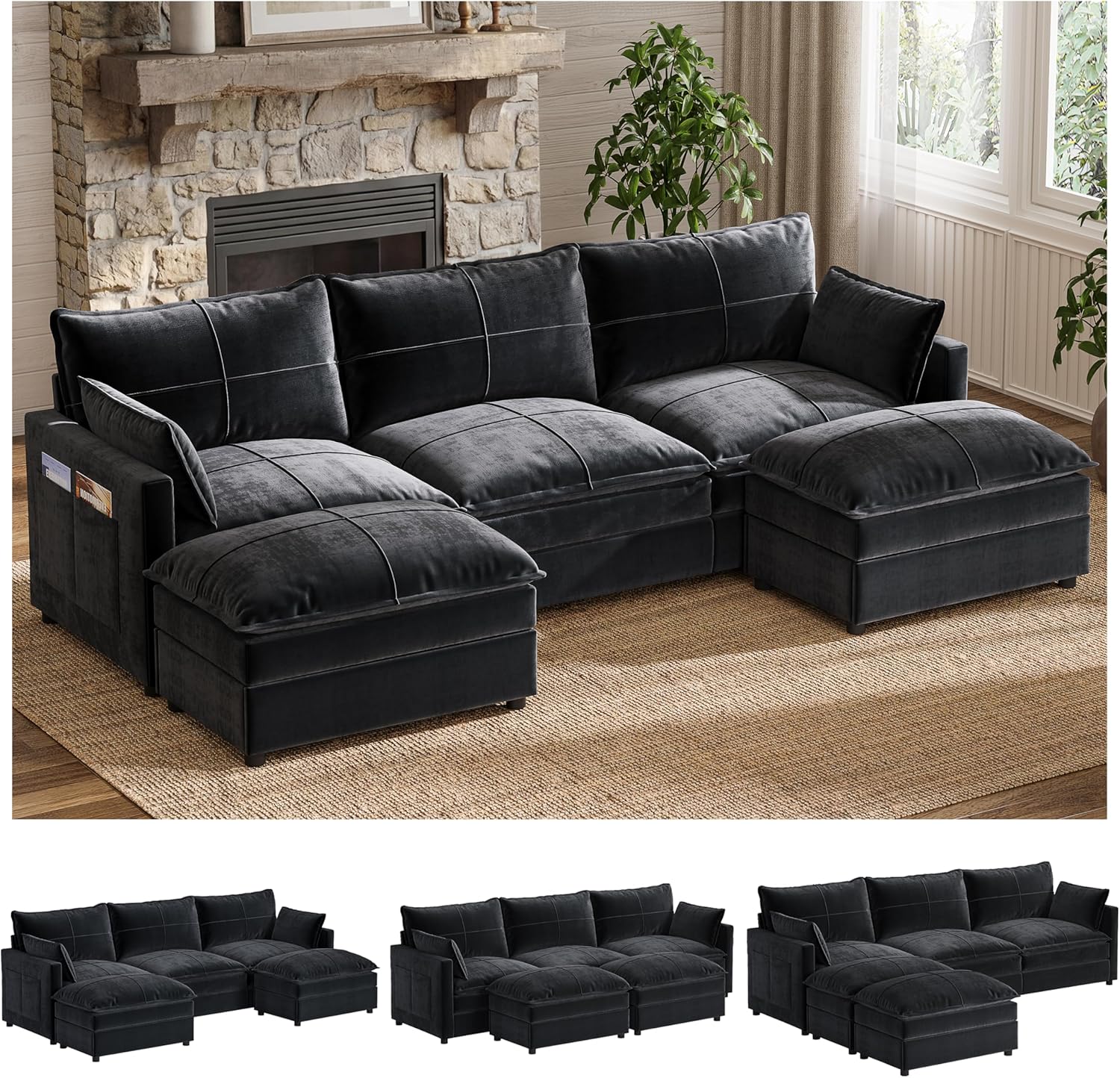 FANRAL 93" U-Shaped 5 Seat Modular Sectional Sofa, Sleeper Couch with Ottoman & Side Pockets, Modern Deep Seat Cloud Couch with Chaise for Living Room Bedroom Office,Beige Sectional Couch
