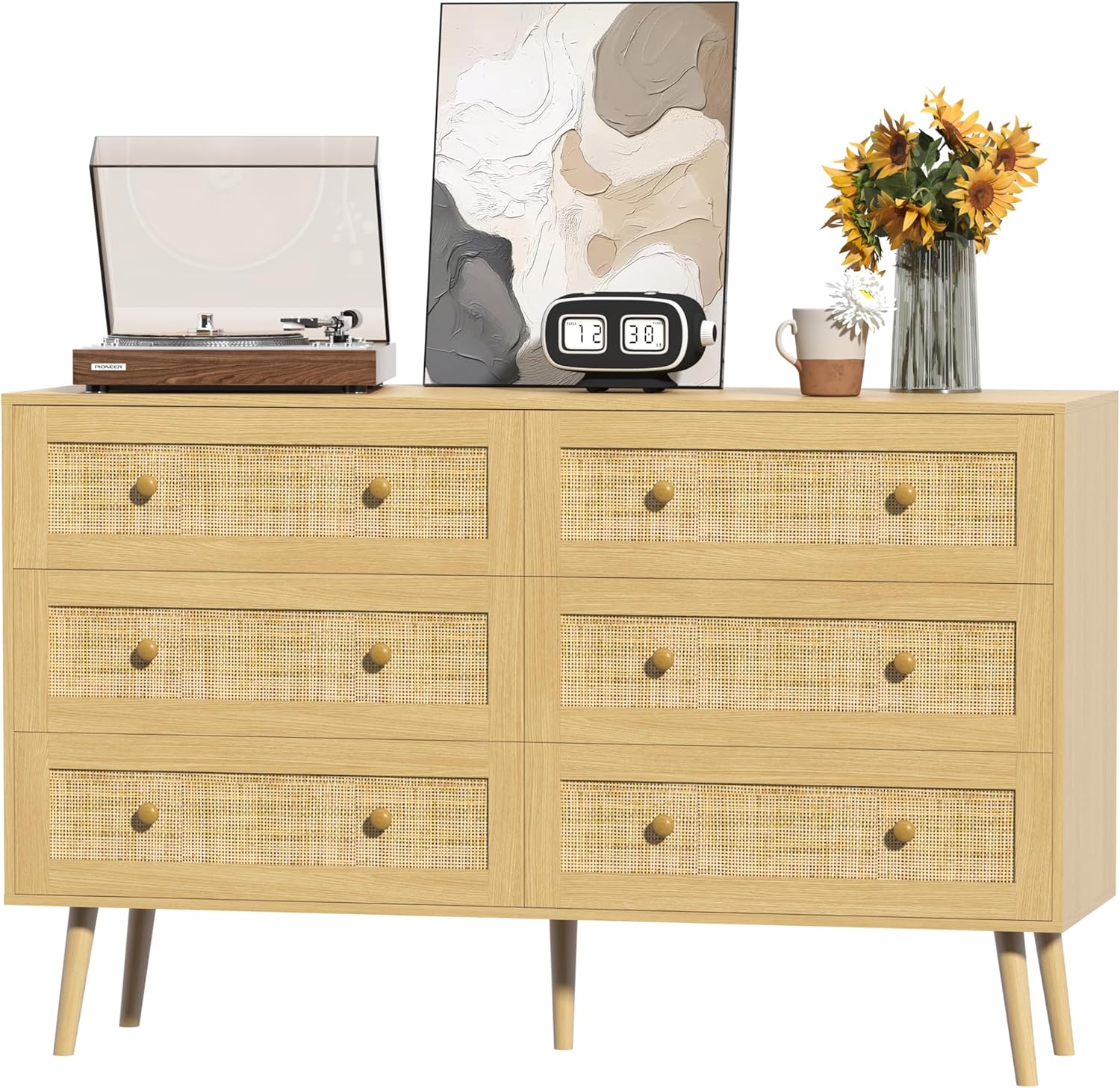 FANRAL 3 Drawers Dresser for Bedroom,Boho Small Natural Rattan Closet Dresser Chest of Drawers,Modern Clothes Storage Organizer with en Feet and Handles for Hallway,Living Room,Entryway