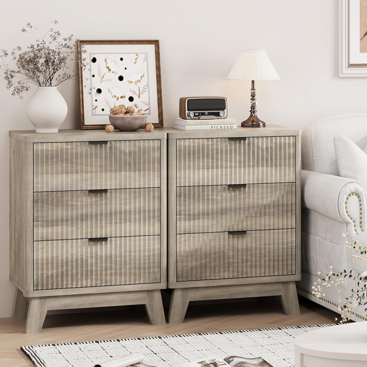 FANRAL Set of 2 Modern 3 Drawer Nightstand with Fluted Panels,en Bedside Table & End Tables with Metal Handles, Night Stand