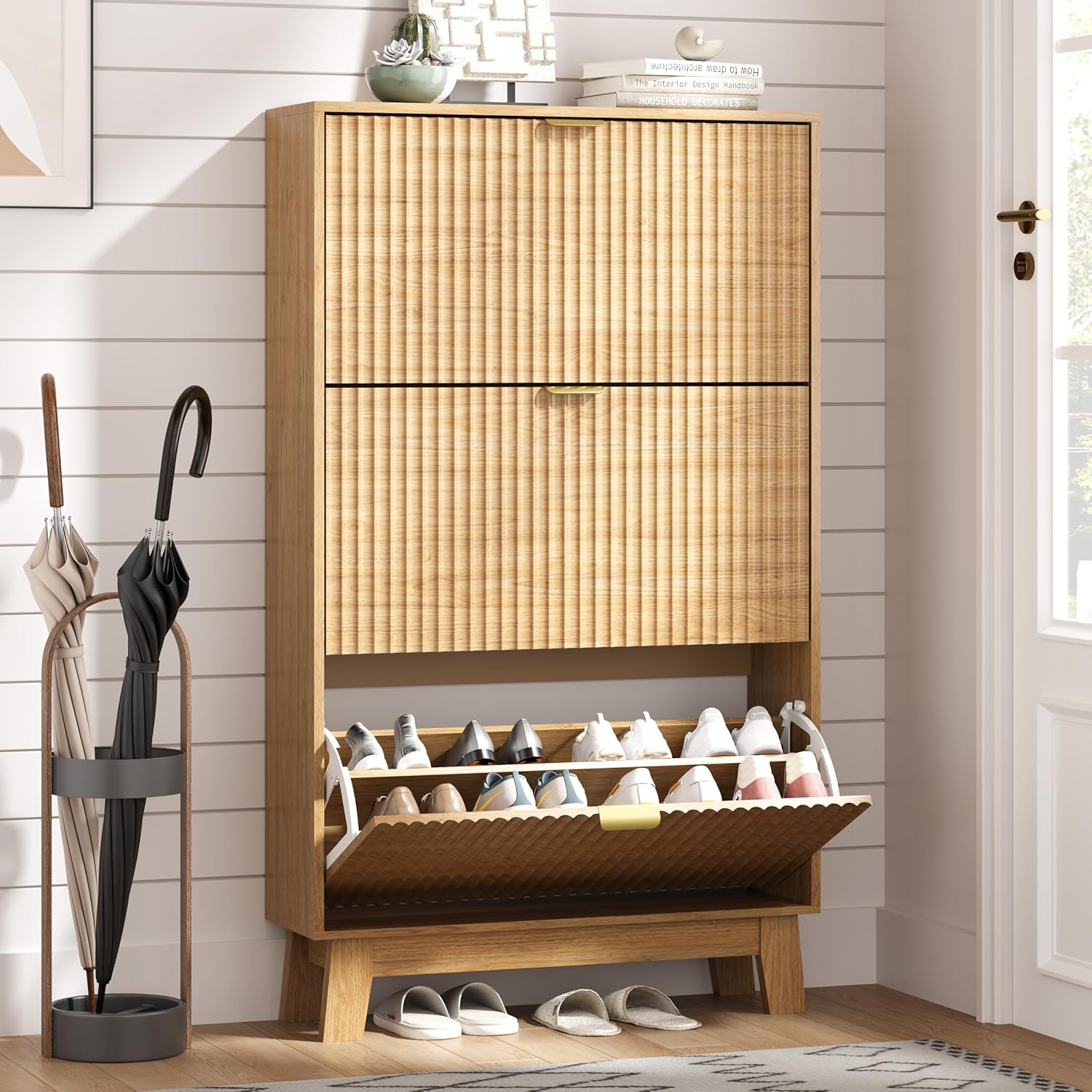 FANRAL Shoe Cabinet with 2 Flip Drawers & Open Storage,Fluted Shoe Storage Cabinet Rack Organizer with Adjustable Shelves for Entryway,Closet,Hallway,