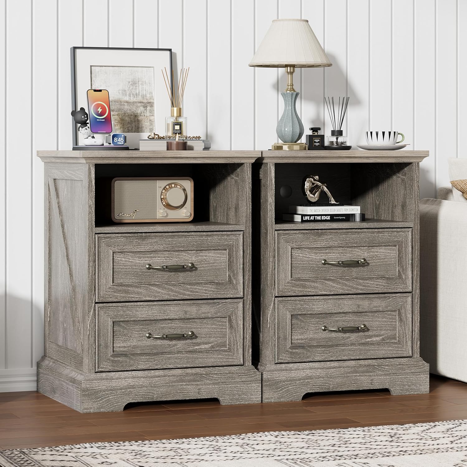 FANRAL Nightstand with Charging Station for Bedroom,Farmhouse End Side Table with 2 Drawers for Living Room, Nightstand