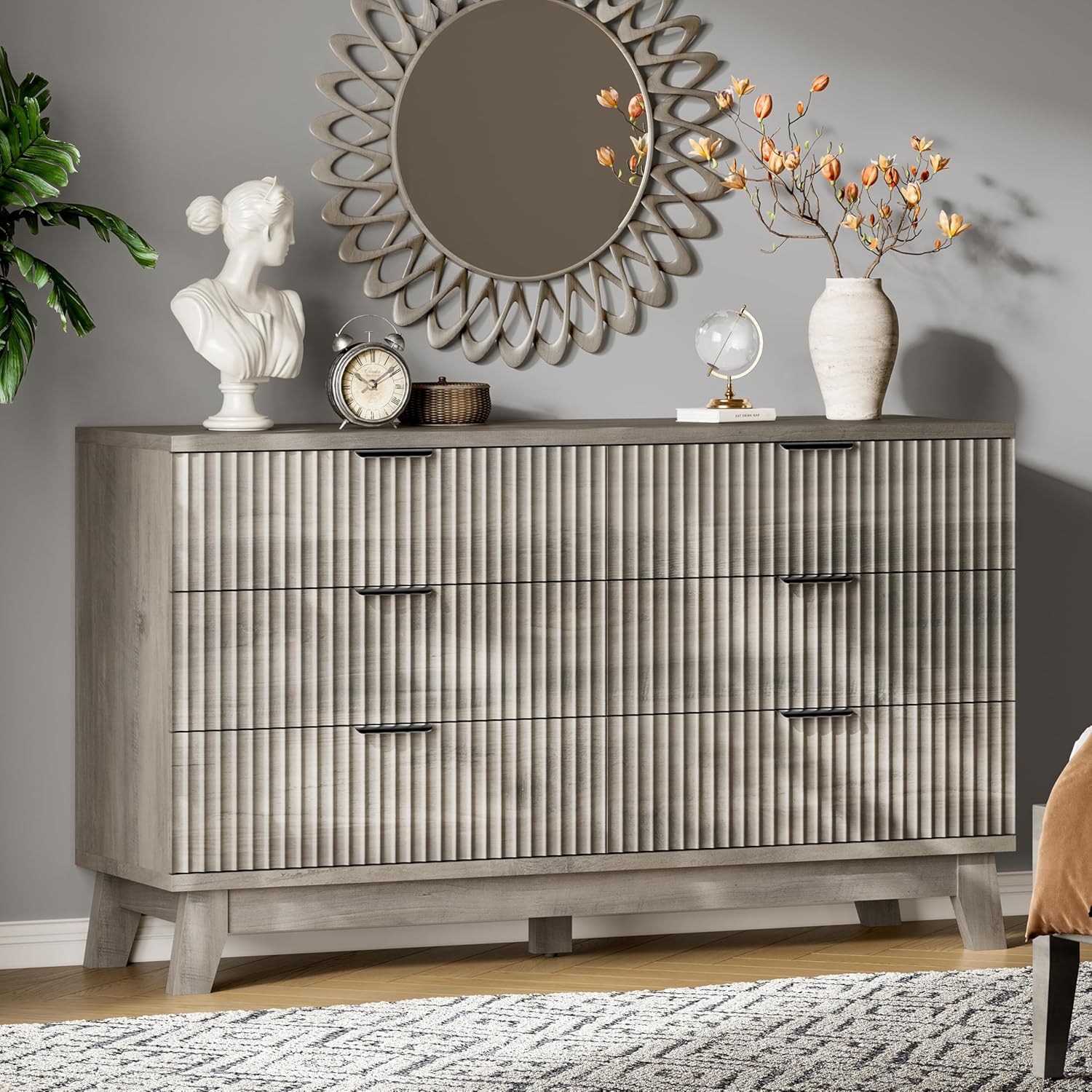 FANRAL 6 Drawers Dresser for Bedroom,54" Wide Fluted Dresser,en Dresser TV Stand,Modern Closet Clothes Storage Organizer for Bedroom, Dresser