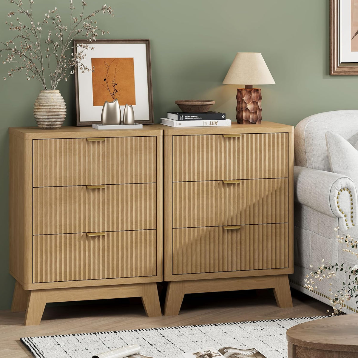 FANRAL 3 Large Drawer Nightstand,30" Tall Night Stand,24" Wide Side Table, Fluted Bedside Table Modern End Table Small Dresser for Bedroom, Nightstand