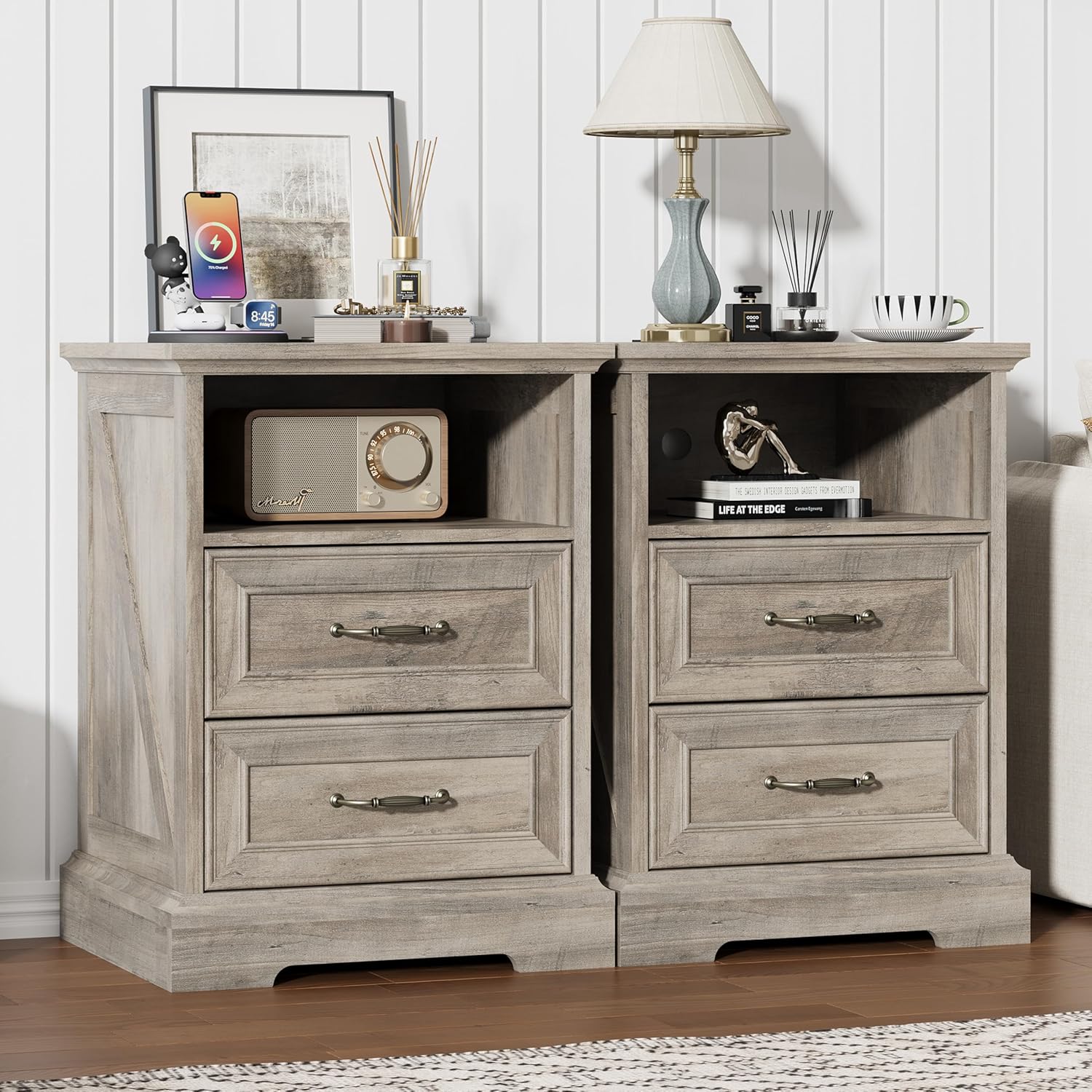 FANRAL Nightstand with Charging Station for Bedroom,Farmhouse End Side Table with 2 Drawers for Living Room, Nightstand
