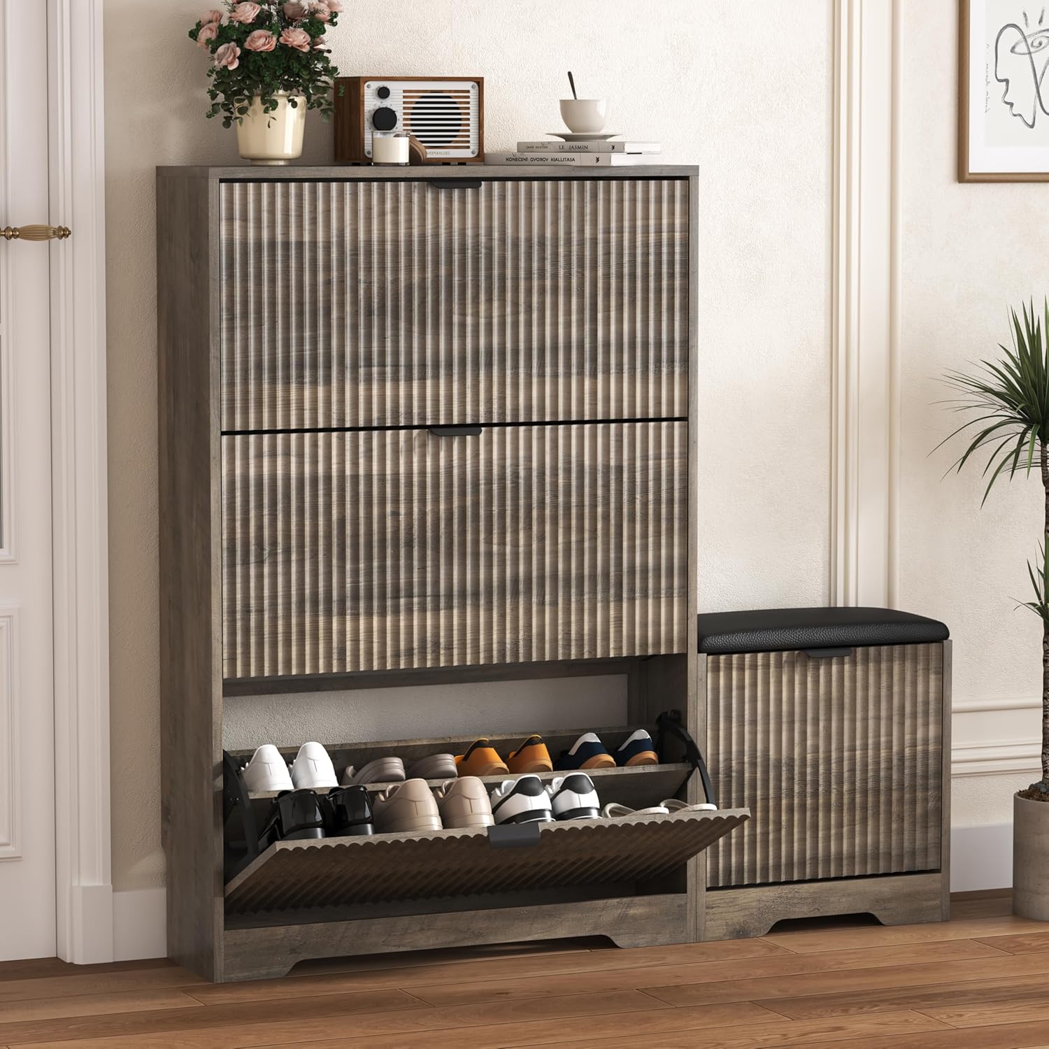 FANRAL Shoe Cabinet with 2 Flip Drawers & Open Storage,Fluted Shoe Storage Cabinet Rack Organizer with Adjustable Shelves for Entryway,Closet,Hallway,
