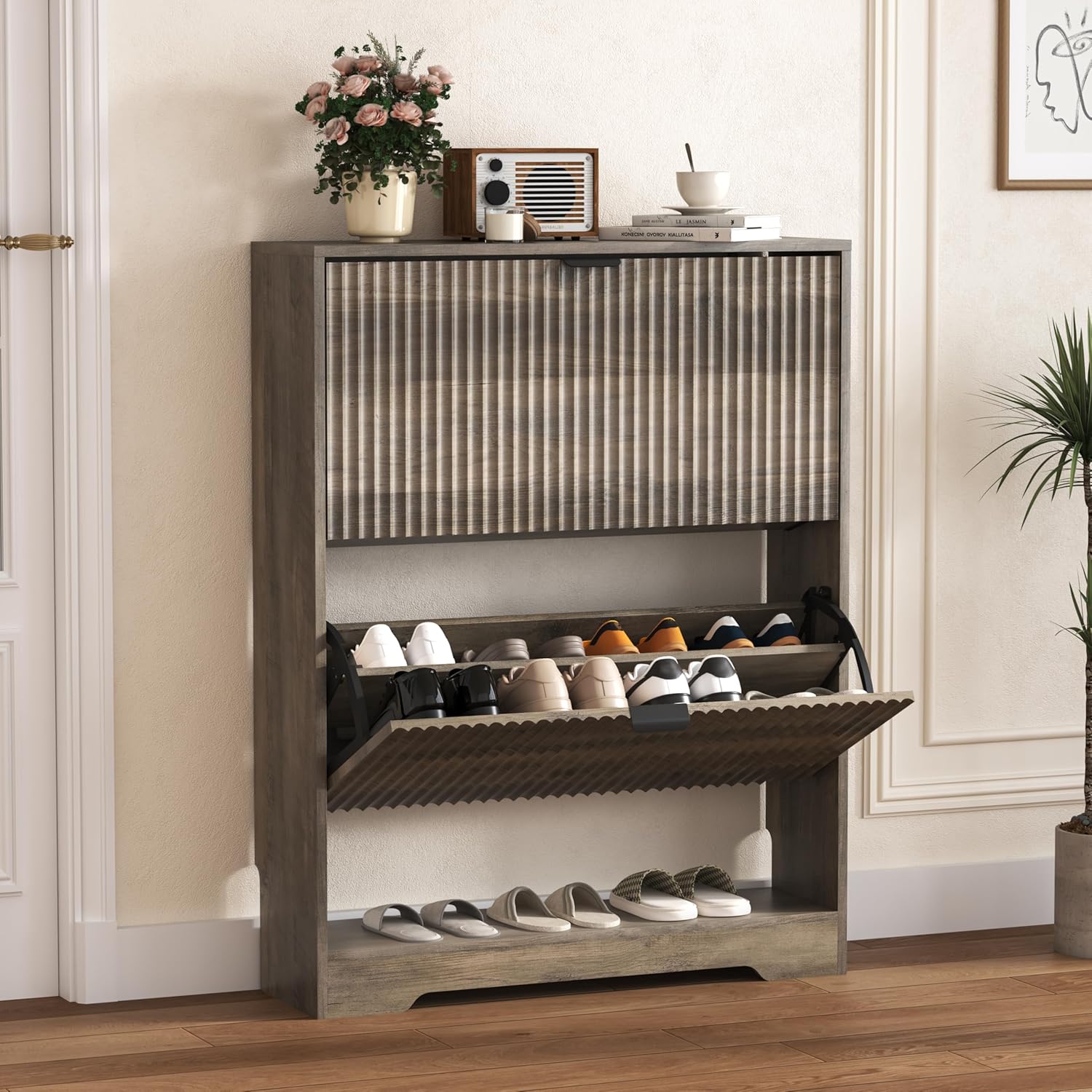 FANRAL Shoe Cabinet with 2 Flip Drawers & Open Storage,Fluted Shoe Storage Cabinet Rack Organizer with Adjustable Shelves for Entryway,Closet,Hallway,