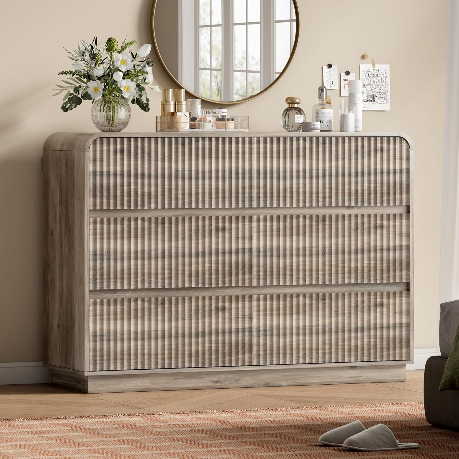 FANRAL 6 Drawer Wide Dresser, Modern Fluted Chest of Drawers with Sturdy Legs & Solid Base, Large Storage Dresser for Bedroom, Dresser