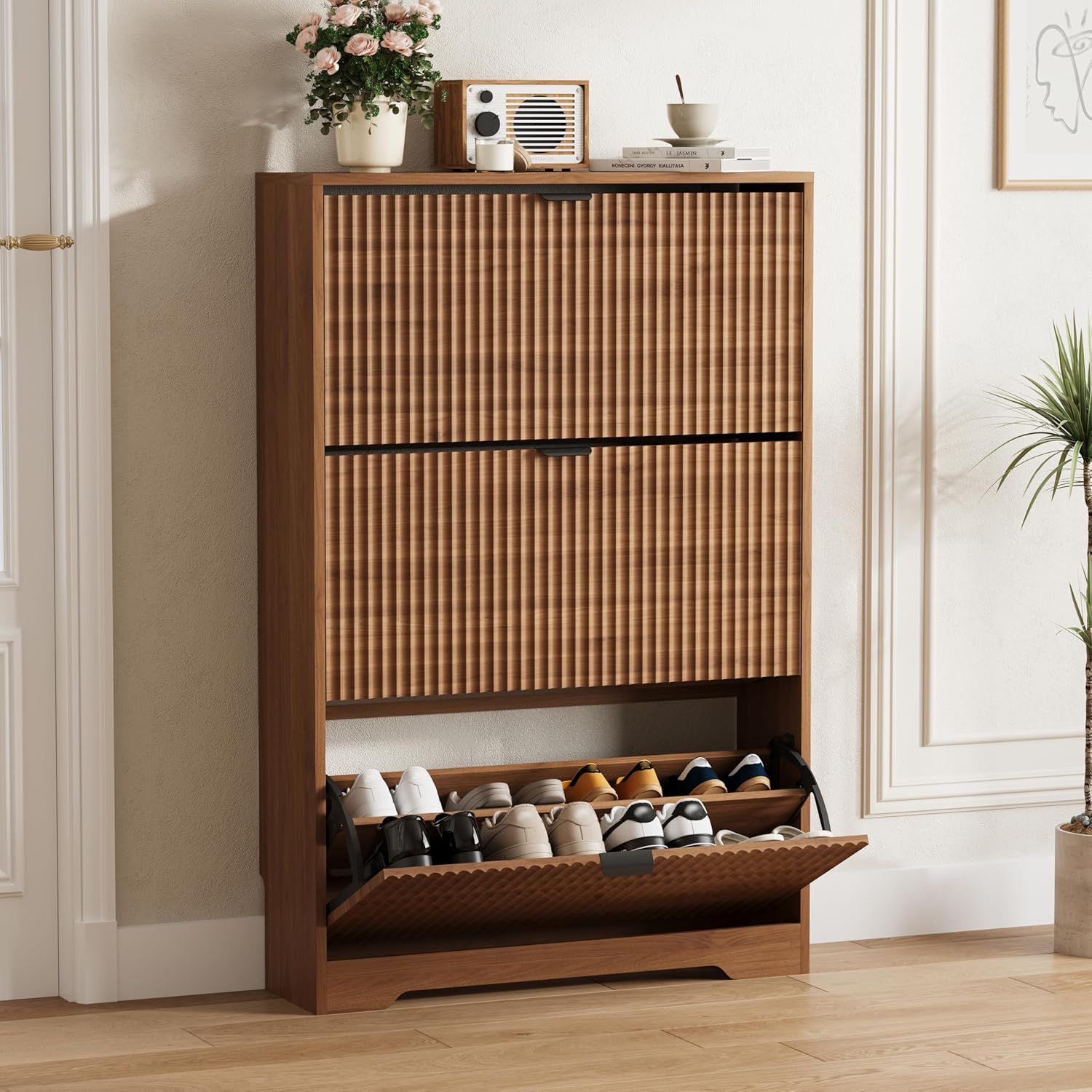 FANRAL Shoe Cabinet with 2 Flip Drawers & Open Storage,Fluted Shoe Storage Cabinet Rack Organizer with Adjustable Shelves for Entryway,Closet,Hallway,
