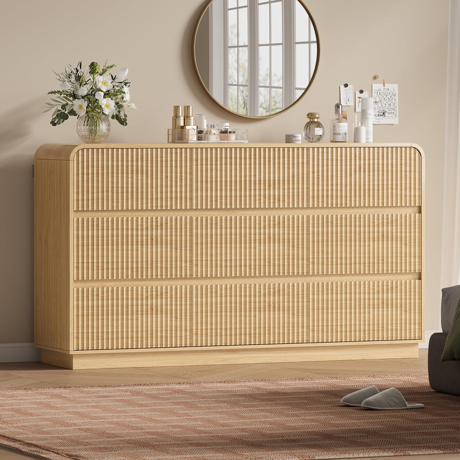 FANRAL 6 Drawer Wide Dresser, Modern Fluted Chest of Drawers with Sturdy Legs & Solid Base, Large Storage Dresser for Bedroom, Dresser