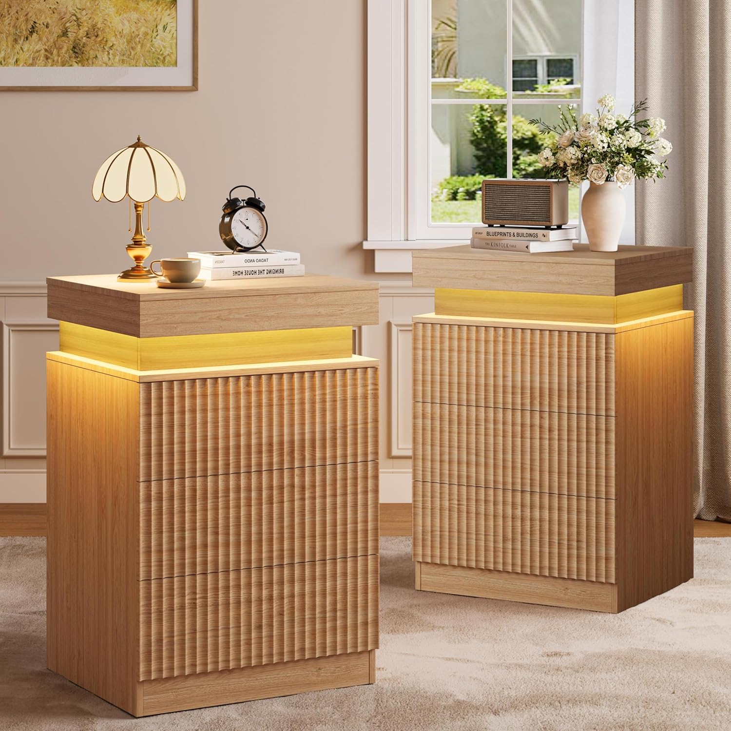 FANRAL Modern Fluted Nightstand with Charging Station & RGB LED,3 Drawer Bedside Table & End Table with Sliding Top Hidden Storage, Night Stand