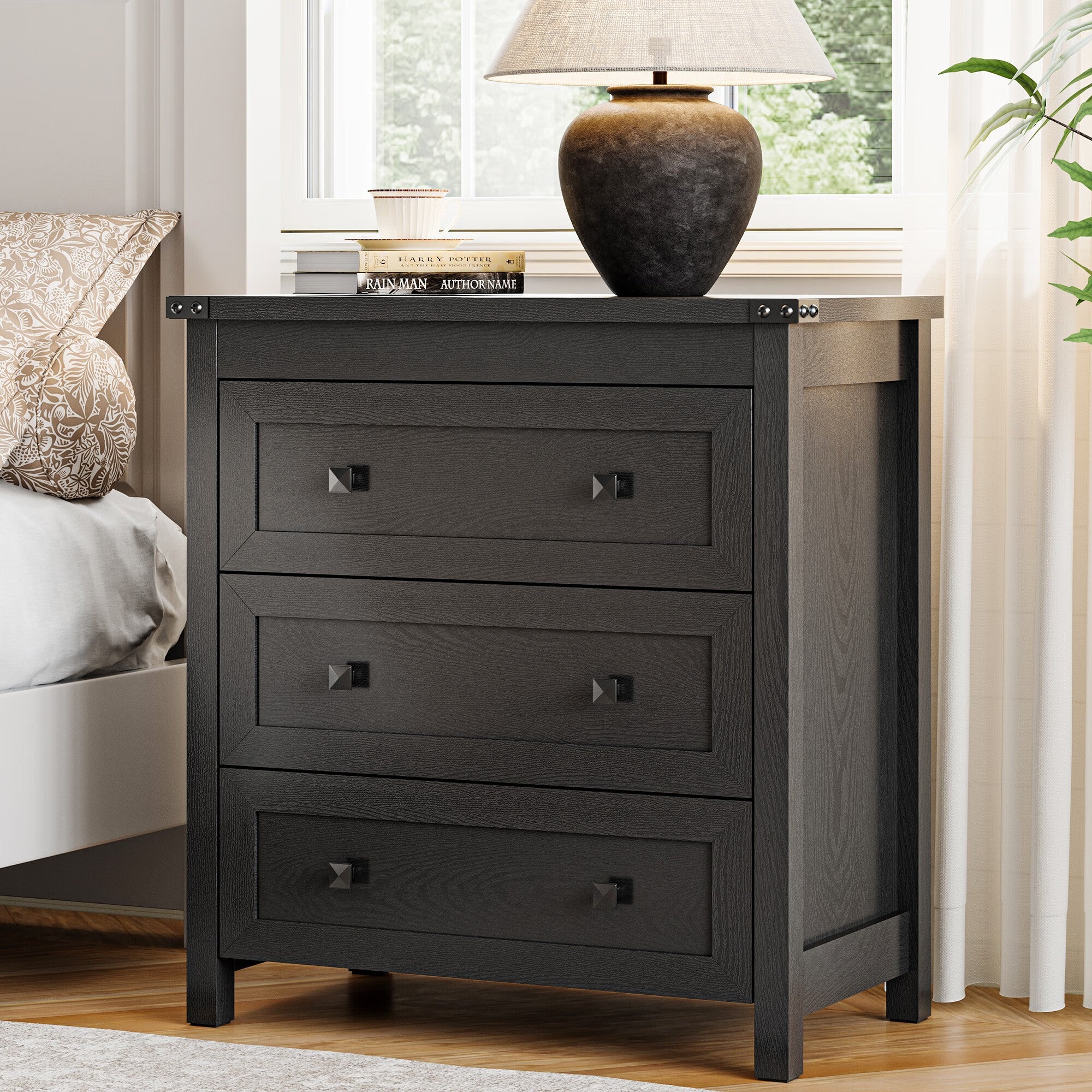 FANRAL 3 Large Drawer Nightstand,29.5" Tall Night Stand,27.5" Wide Side Table,Wood Bedside Table Modern End Table,Small Wide Dresser for Bedroom