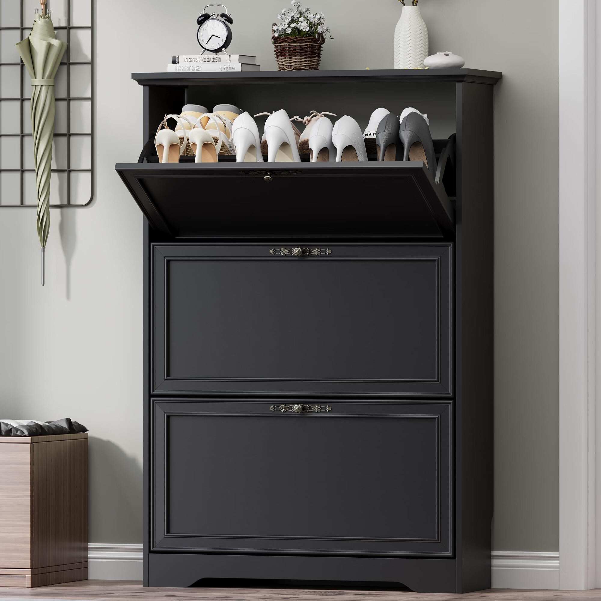 FANRAL Shoe Cabinet with 2 Flip Drawers & Open Storage,Adjustable Shelves en Slim Shoe Storage Cabinet and Rack for Entryway,