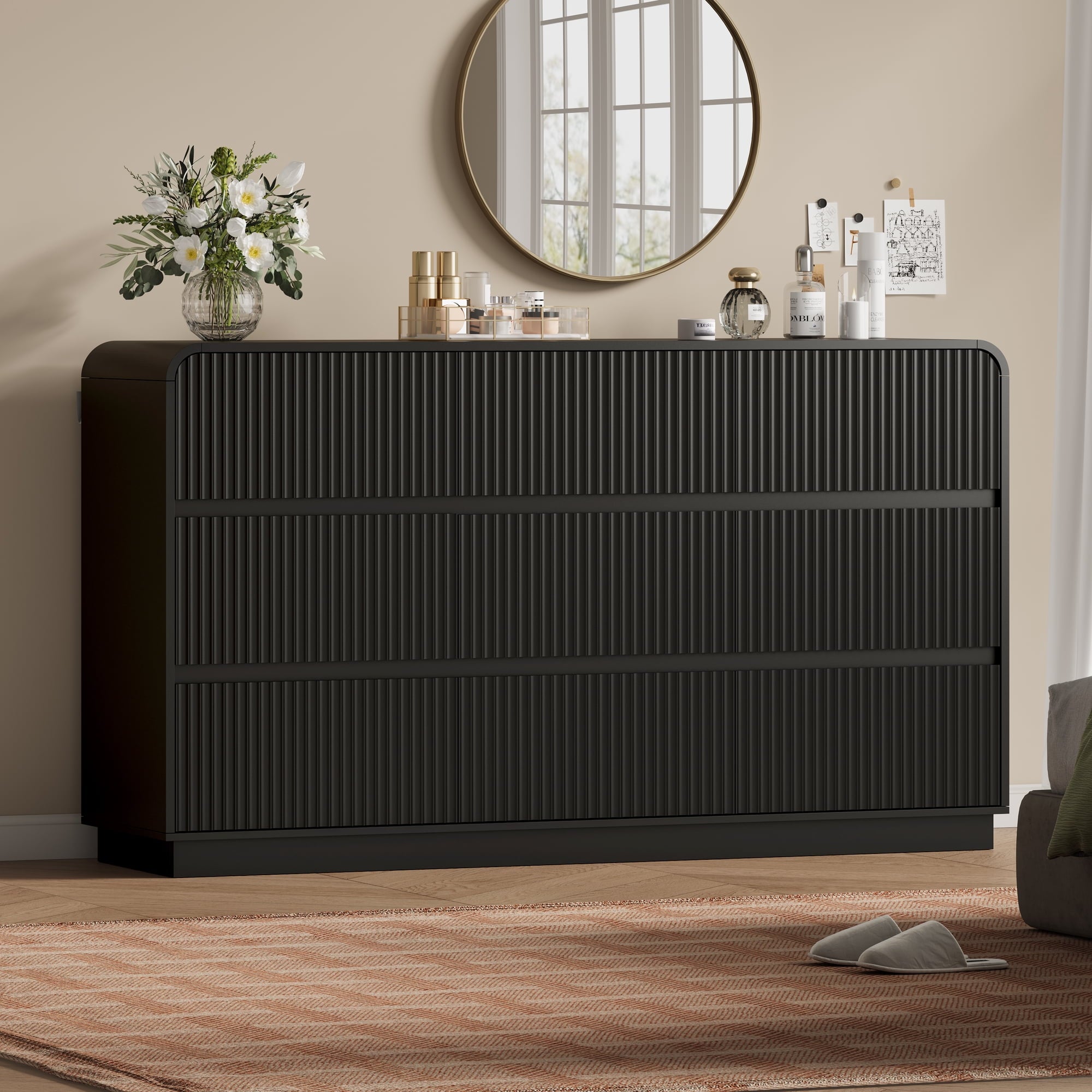 FANRAL 6 Drawer Wide Dresser, Modern Fluted Chest of Drawers with Sturdy Legs & Solid Base, Large Storage Dresser for Bedroom, Dresser