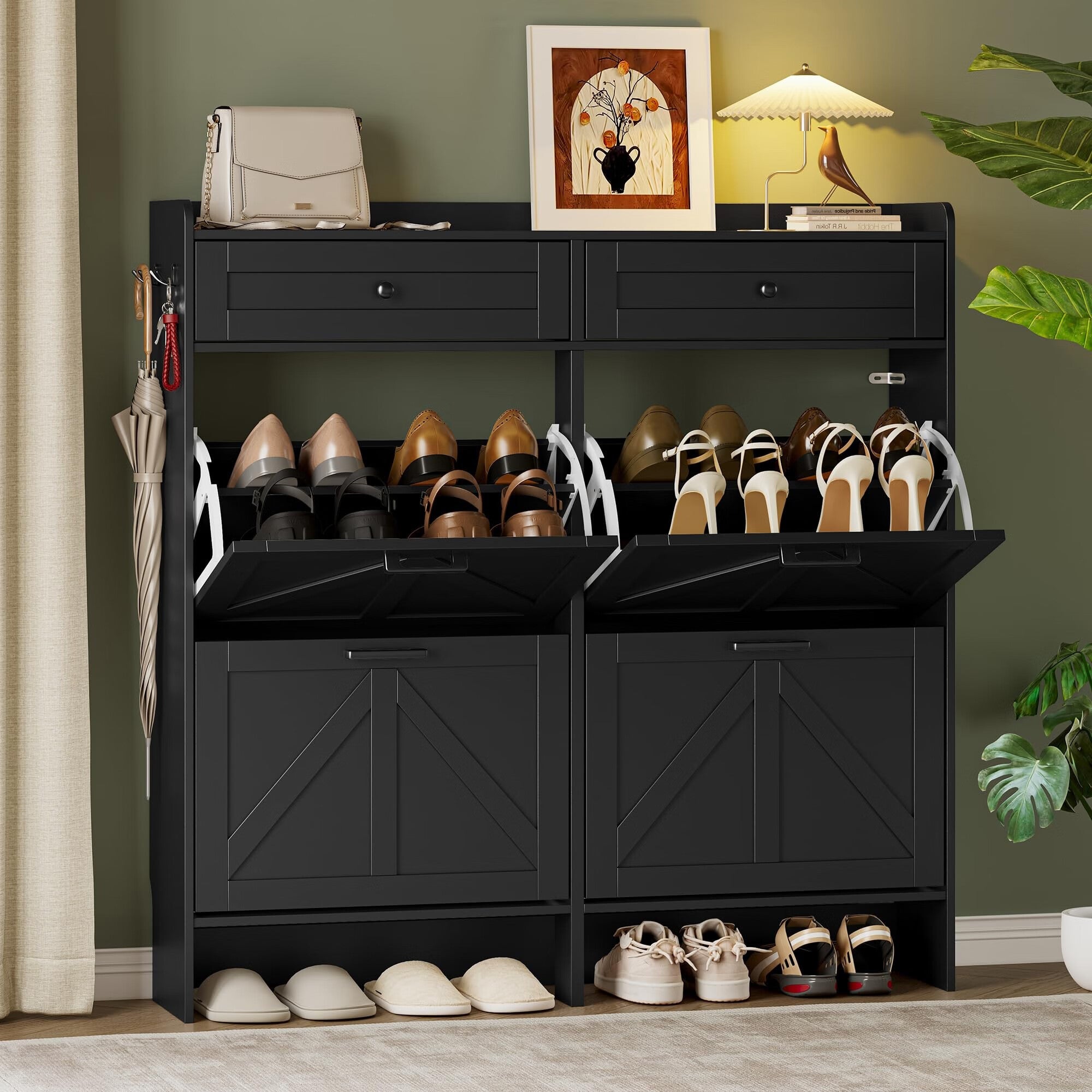 FANRAL Shoe Cabinet with 2 Flip Drawer & 2 Storage Drawer,Farmhouse Narrow Shoe Rack with Adjustable Shelve & Hook for Entryway,Hallway,
