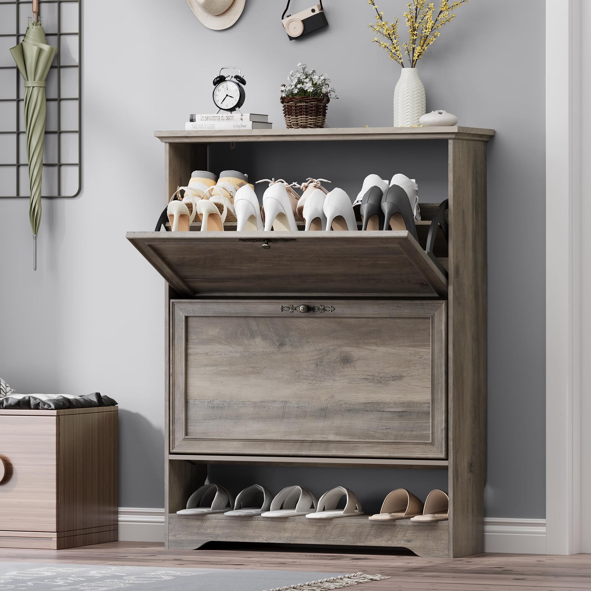 FANRAL Shoe Cabinet with 2 Flip Drawers & Open Storage,Adjustable Shelves en Slim Shoe Storage Cabinet and Rack for Entryway,