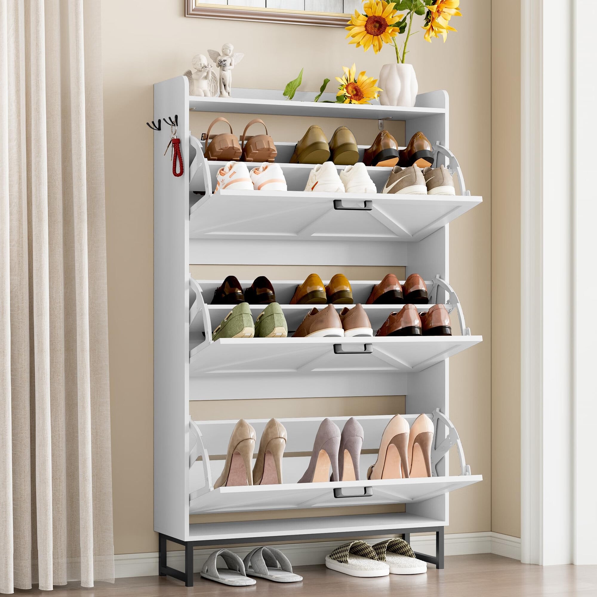 FANRAL Shoe Storage Cabinet for Entryway,2 Flip Drawer & Open Storage Shoe Rack Organizer,en Narrow Shoes Cabinet,