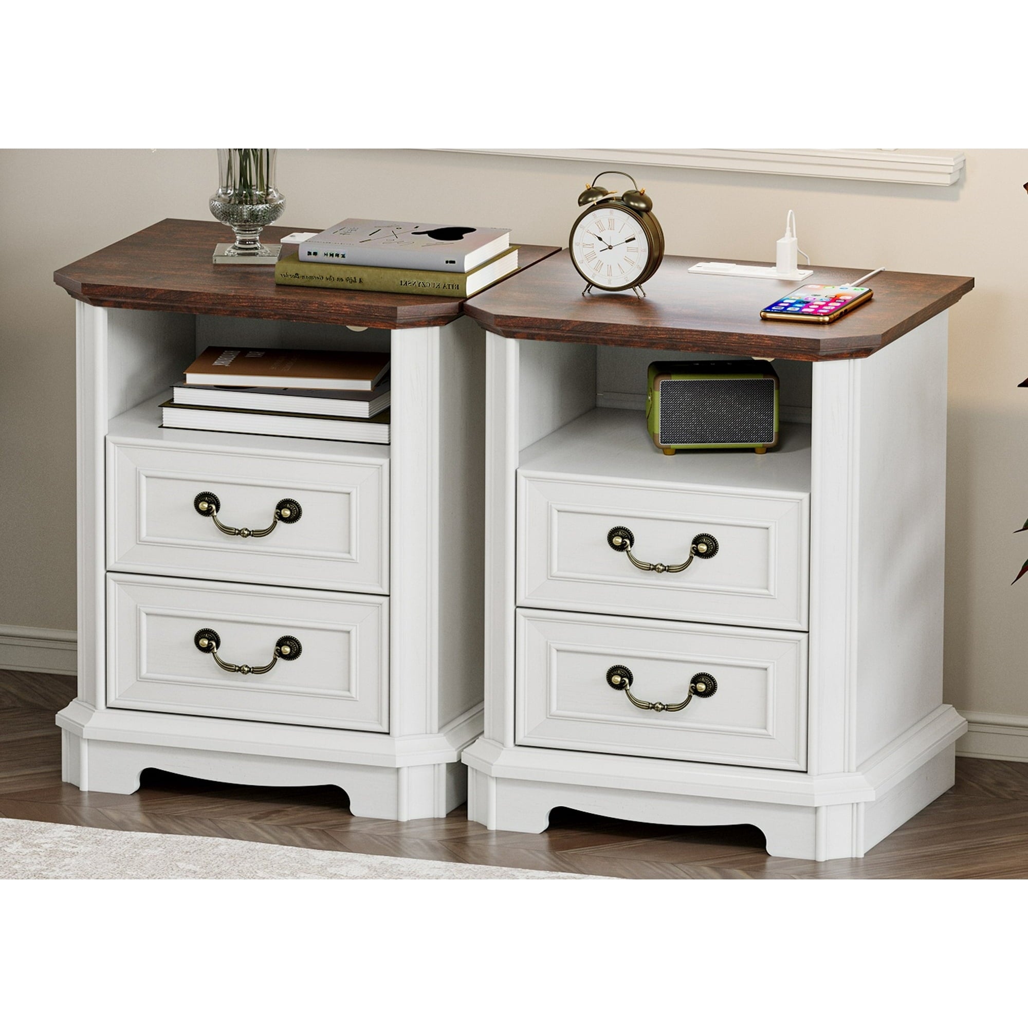 FANRAL Farmhouse Nightstand with Charging Station,2 Drawer Wood End Table,Small Side Bedside Table for Bedroom