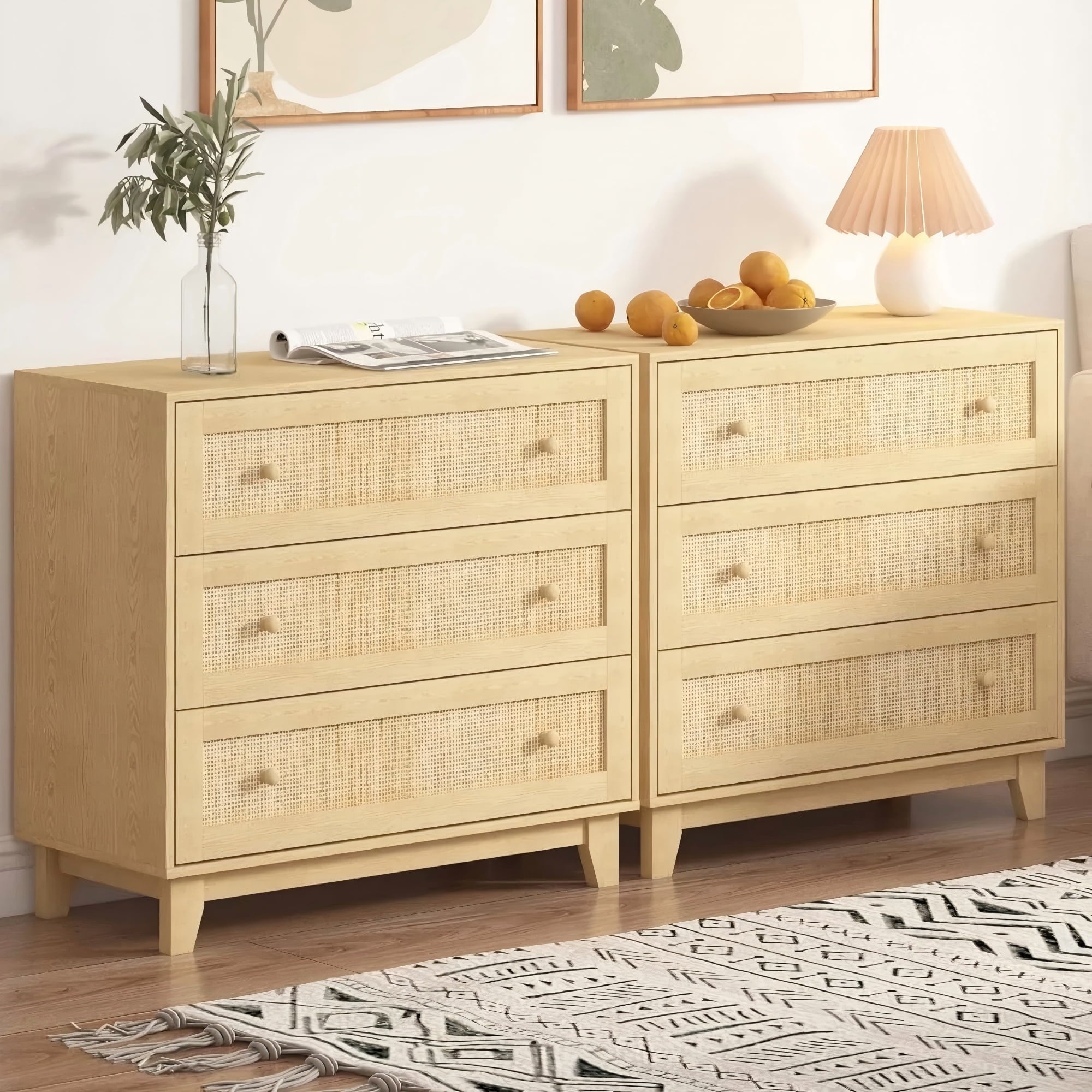 FANRAL Boho Chic 2 Drawer Nightstand with Rattan Accents,Stylish Storage Bedside Table with Shelf & Gold Handles, Night Stand