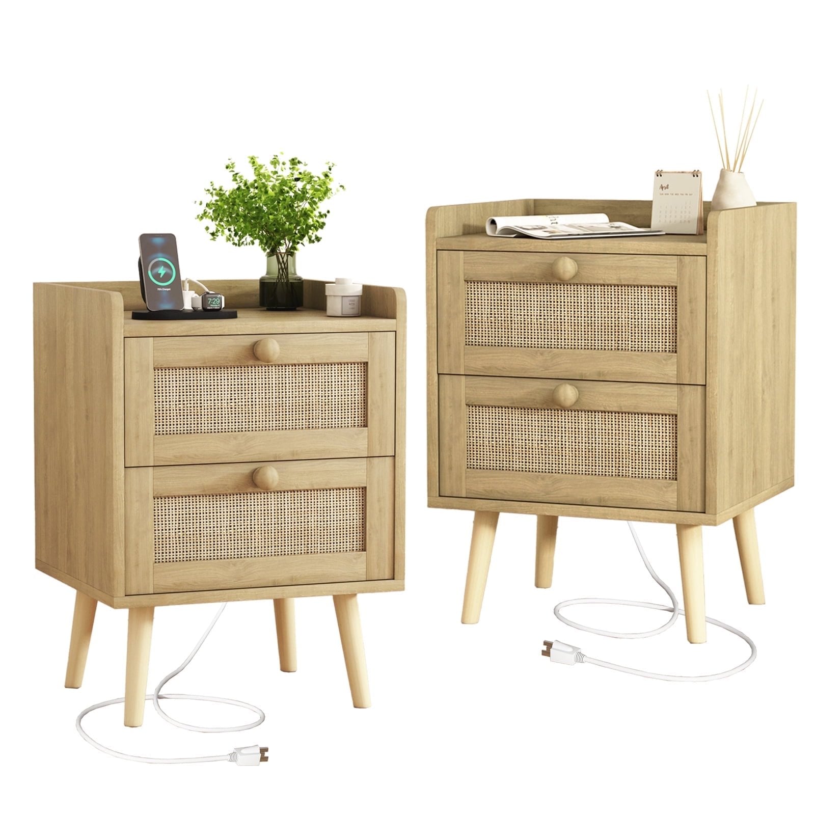 FANRAL Boho Chic 2 Drawer Nightstand with Rattan Accents,Stylish Storage Bedside Table with Shelf & Gold Handles, Night Stand