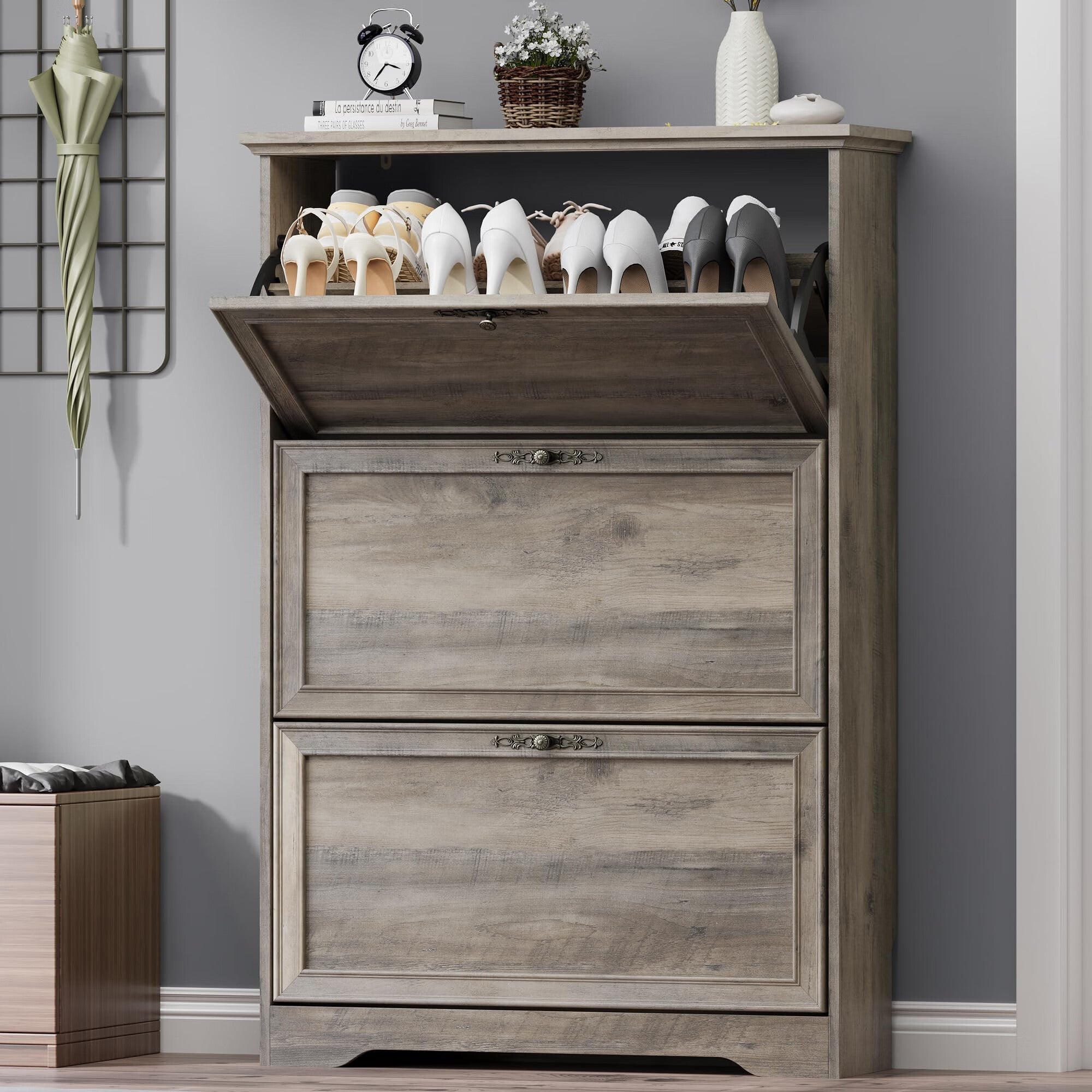 FANRAL Shoe Cabinet with 2 Flip Drawers & Open Storage,Adjustable Shelves en Slim Shoe Storage Cabinet and Rack for Entryway,