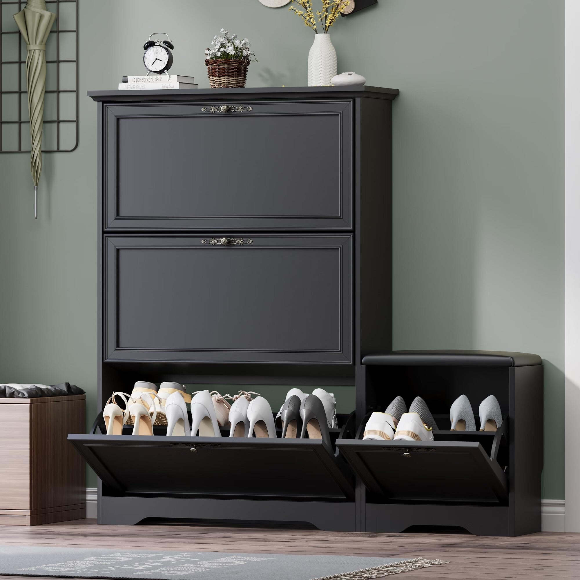 FANRAL Shoe Cabinet with 2 Flip Drawers & Open Storage,Adjustable Shelves en Slim Shoe Storage Cabinet and Rack for Entryway,