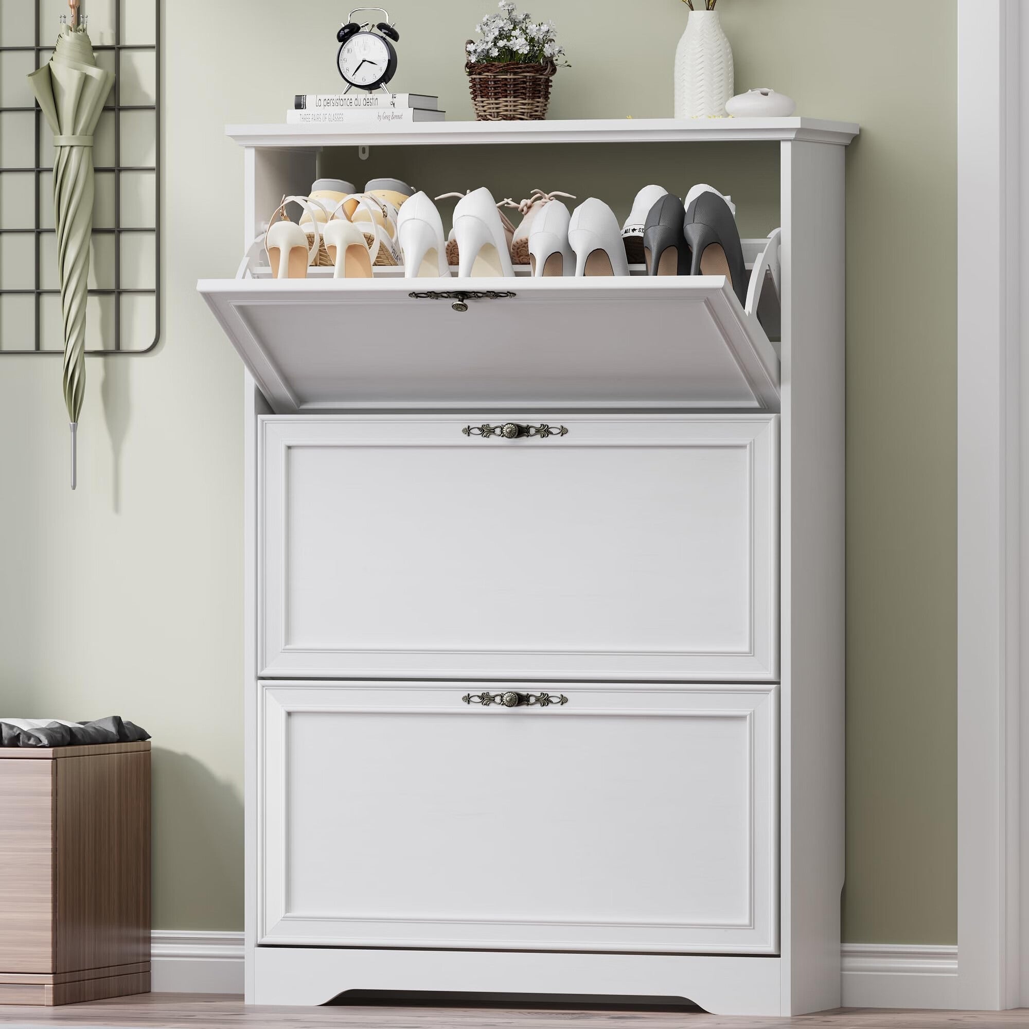 FANRAL Shoe Cabinet with 2 Flip Drawers & Open Storage,Adjustable Shelves en Slim Shoe Storage Cabinet and Rack for Entryway,