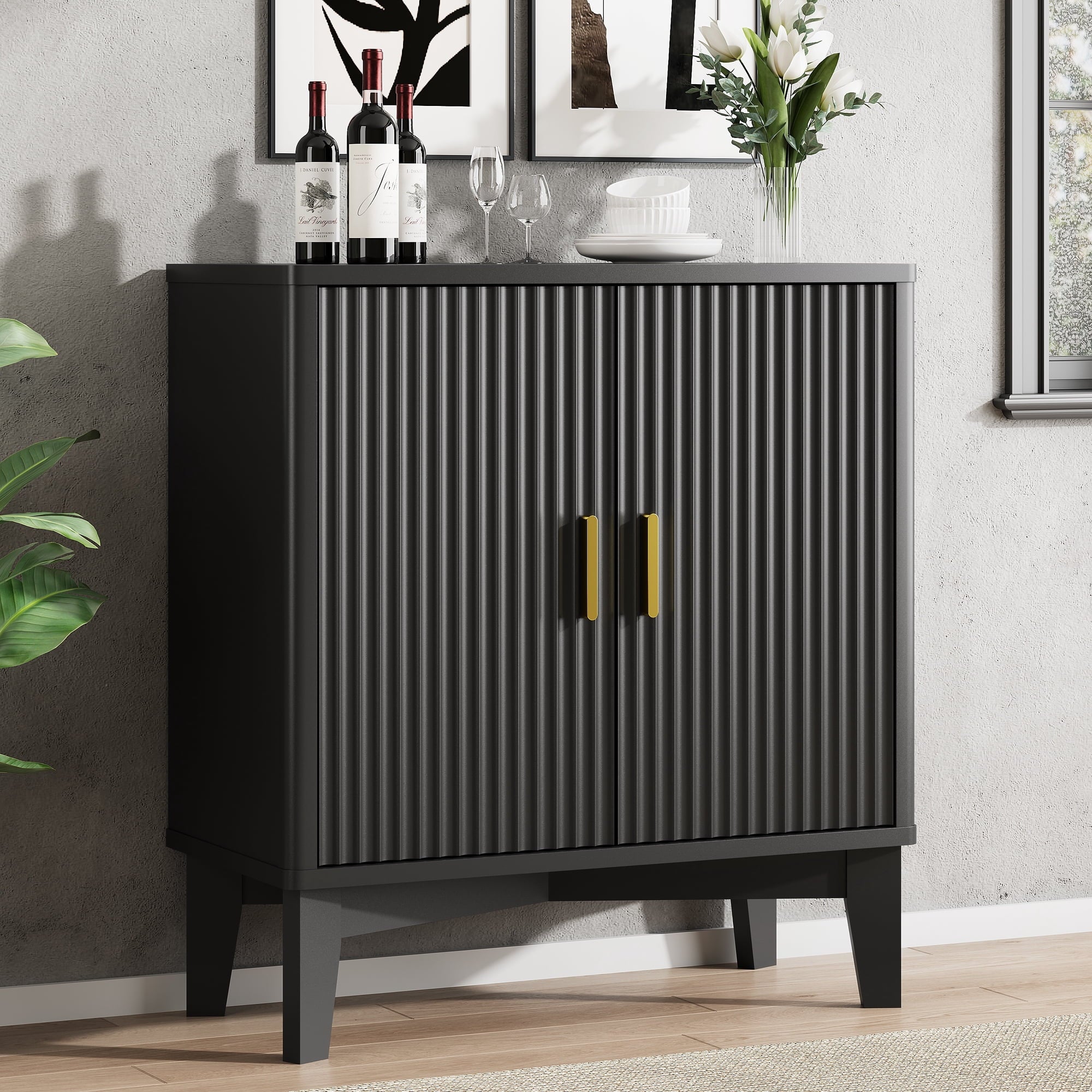 FANRAL 31.5" Wide Fluted Sideboard Buffet Cabinet with Sliding Door,Adjustable Shelves,Multi-Functional Storage Console for Kitchen Dining Room Living Room, Storage Cabinet
