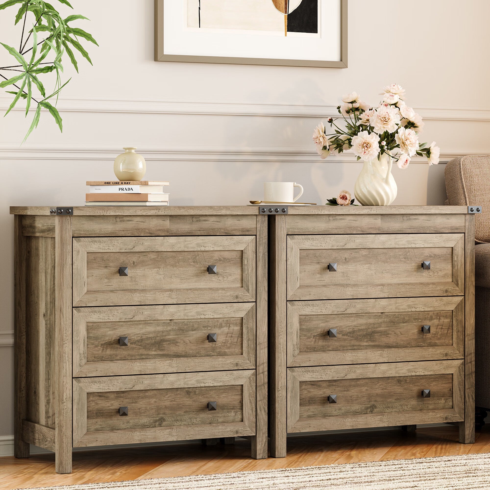 FANRAL 3 Large Drawer Nightstand,29.5" Tall Night Stand,27.5" Wide Side Table,Wood Bedside Table Modern End Table,Small Wide Dresser for Bedroom