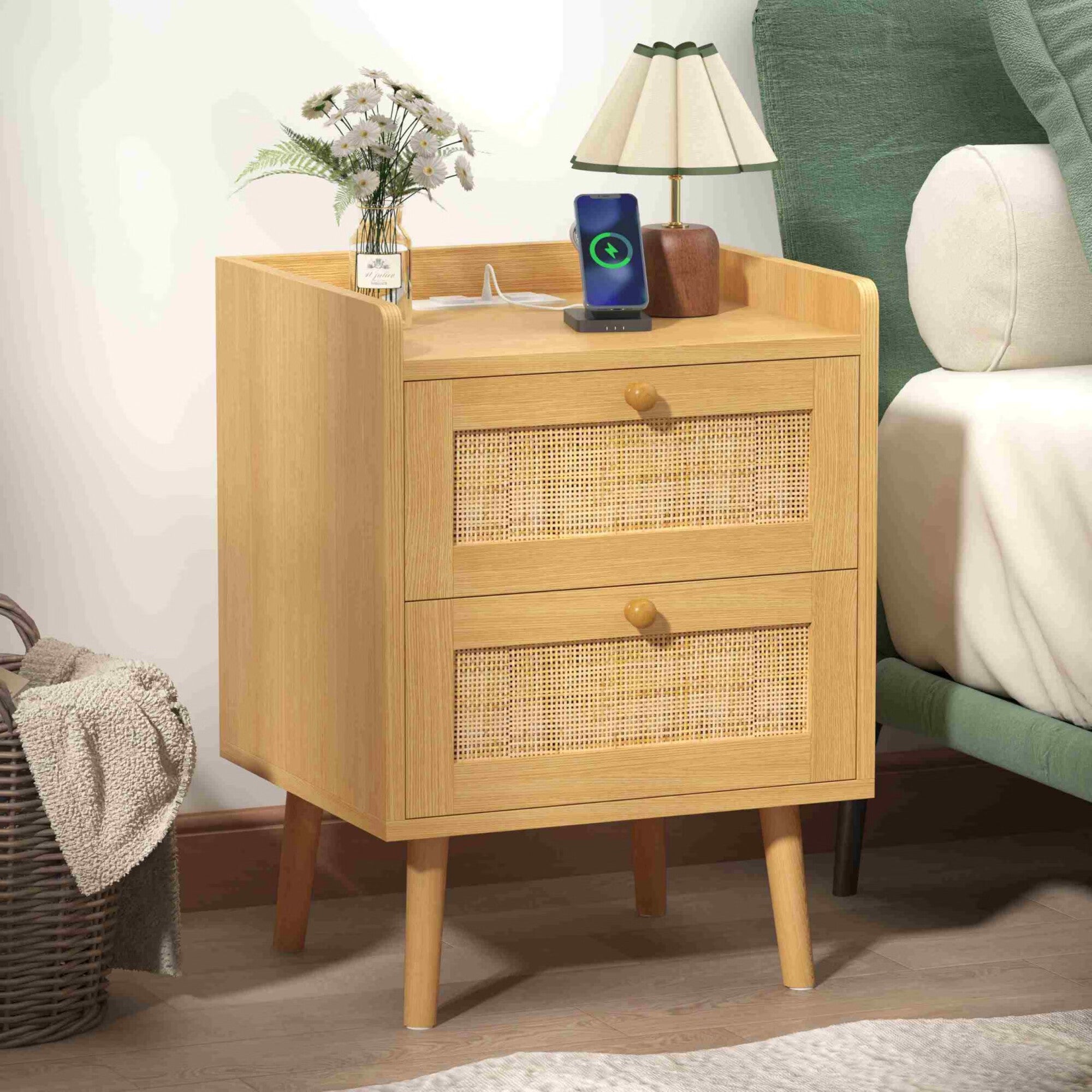 FANRAL Rattan Large Nightstand,27.6"H Tall Night Stand,Wide Modern 3 Drawers,Boho Bedside Table Narrow Side Table for Bedroom Living Room,