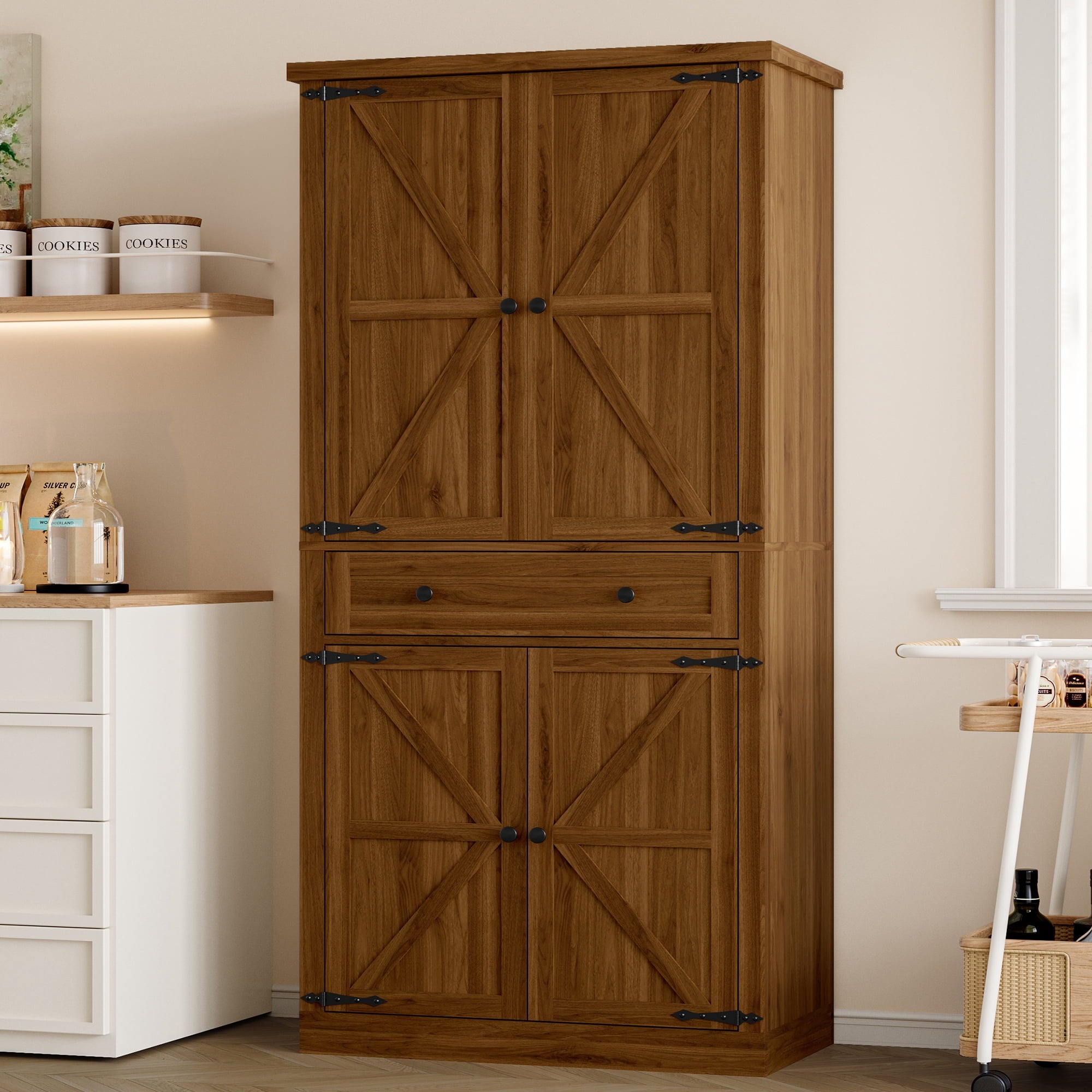 FANRAL 70¡± Tall Pantry Organizers and Storage Cabinet with Barn Doors & Drawers,Adjustable Shelf,Tall Pantry for Kitchen Dining Room Living Room Bedroom, Pantry Cabinet