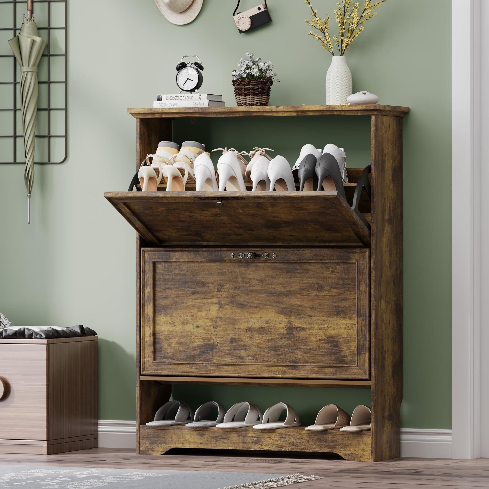 FANRAL Shoe Cabinet with 2 Flip Drawers & Open Storage,Adjustable Shelves en Slim Shoe Storage Cabinet and Rack for Entryway,