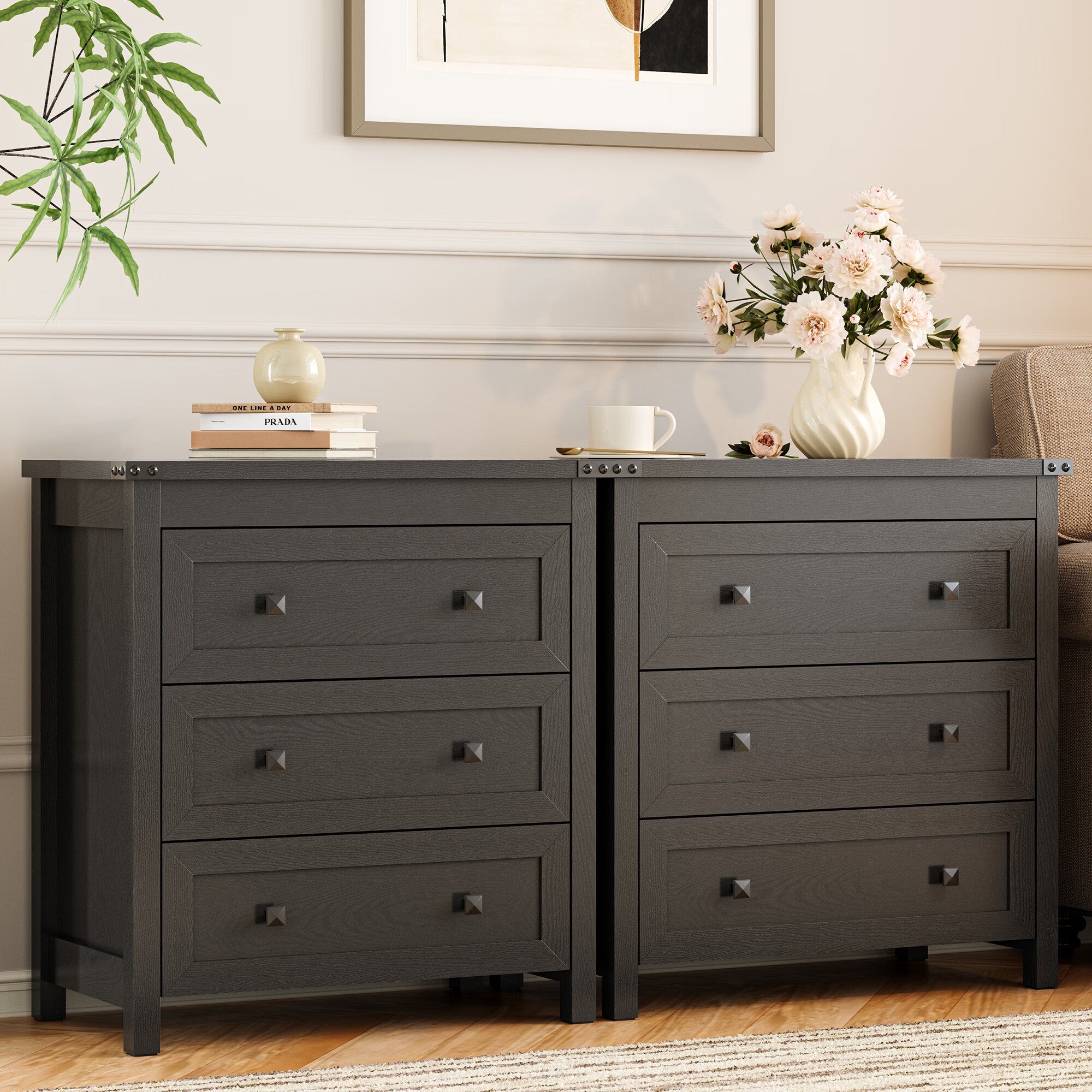 FANRAL 3 Large Drawer Nightstand,29.5" Tall Night Stand,27.5" Wide Side Table,Wood Bedside Table Modern End Table,Small Wide Dresser for Bedroom