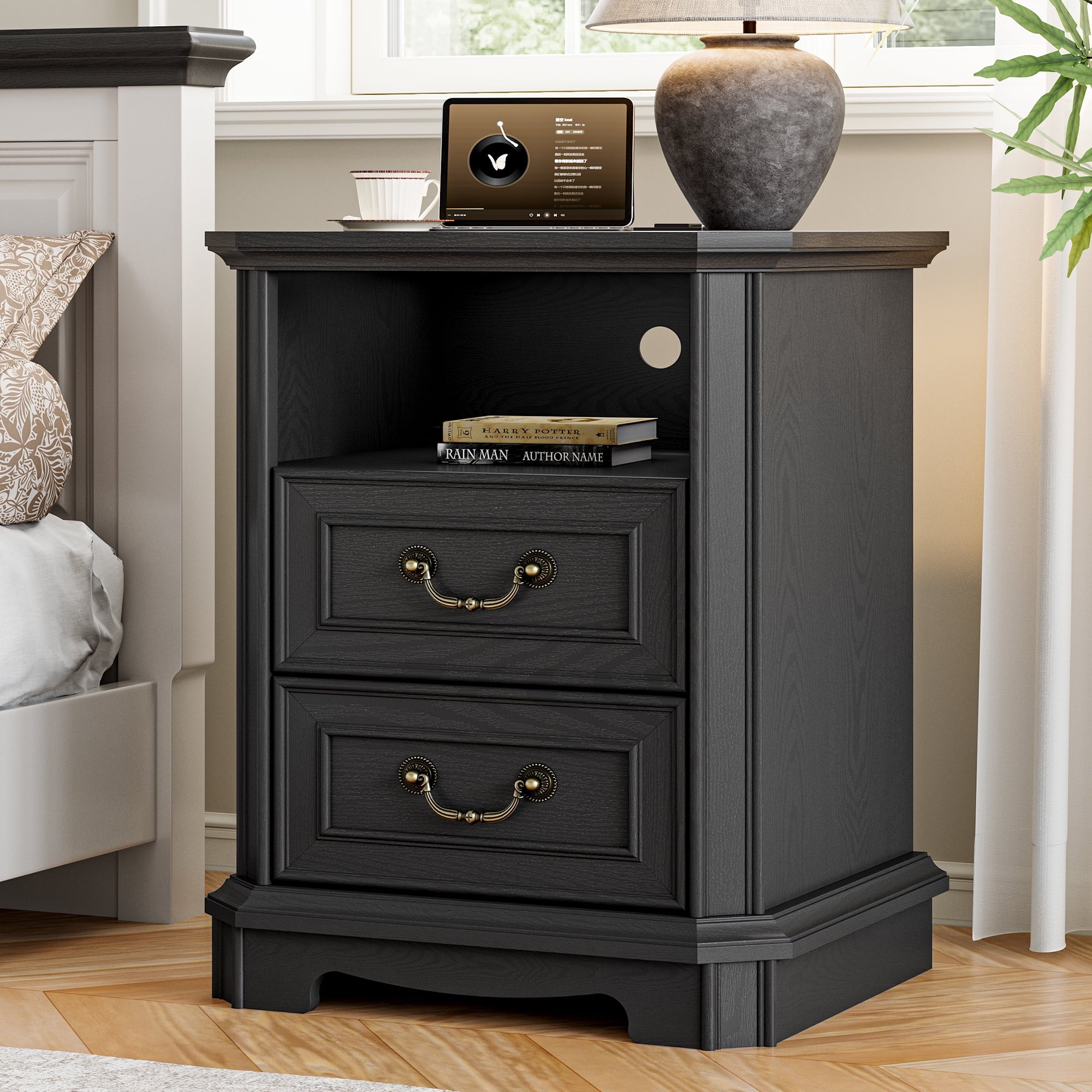 FANRAL Farmhouse Nightstand with Charging Station,2 Drawer Wood End Table,Small Side Bedside Table for Bedroom