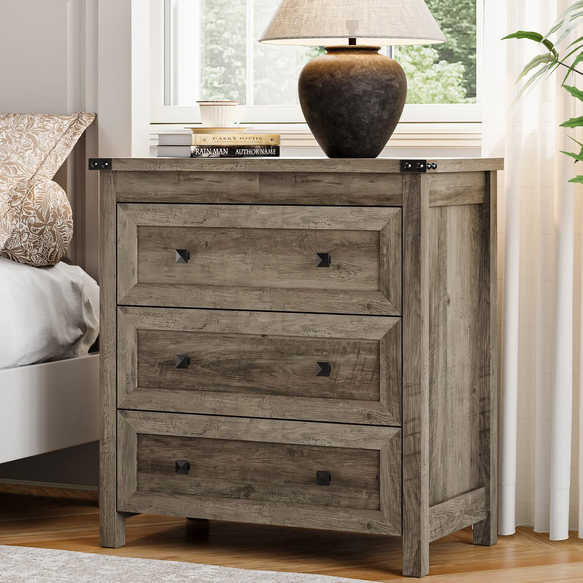 FANRAL 3 Large Drawer Nightstand,29.5" Tall Night Stand,27.5" Wide Side Table, Bedside Table Modern End Table,Small Wide Dresser for Bedroom, Nightstand