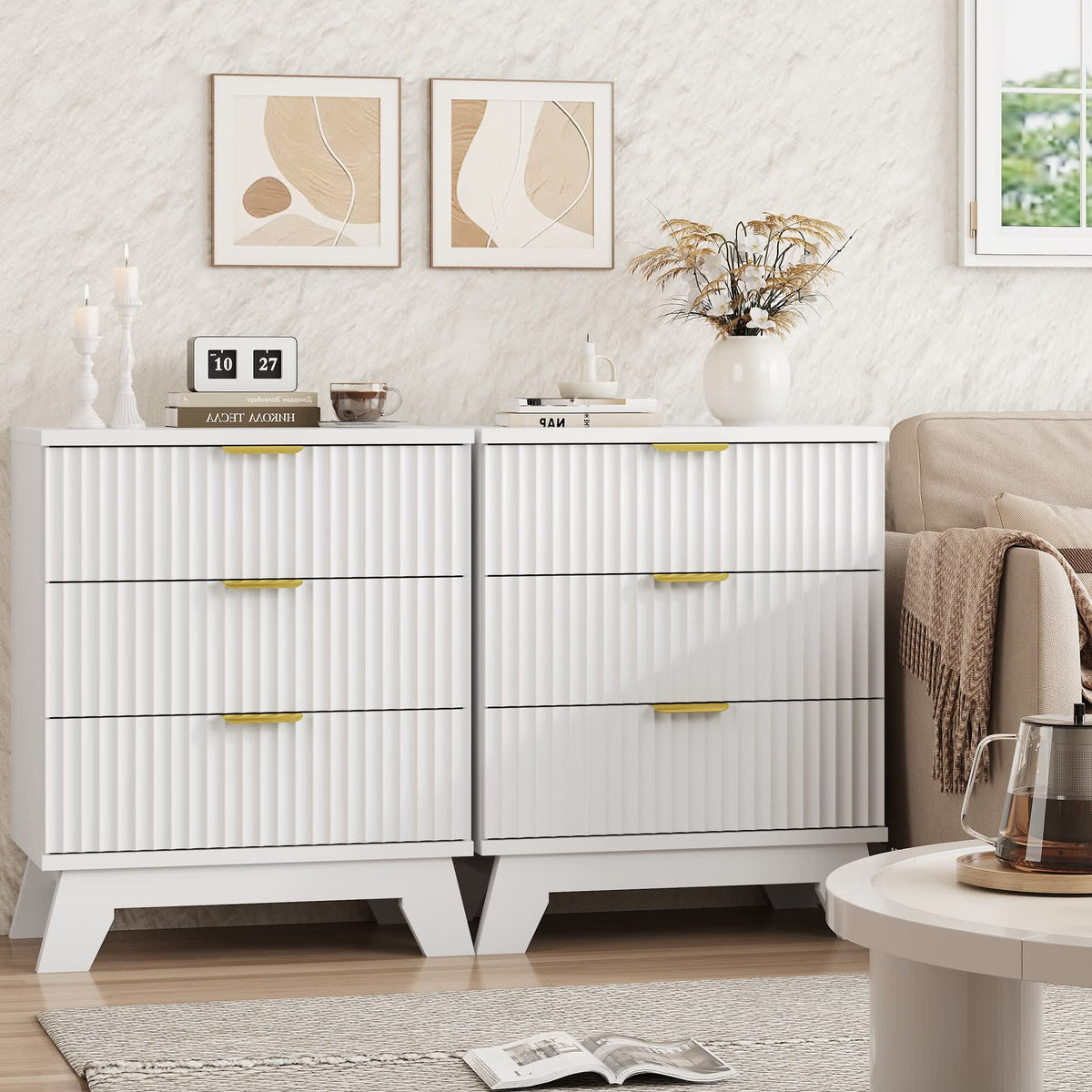 FANRAL 3 Large Drawer Nightstand,30" Tall Night Stand,24" Wide Side Table, Fluted Bedside Table Modern End Table Small Dresser for Bedroom, Nightstand