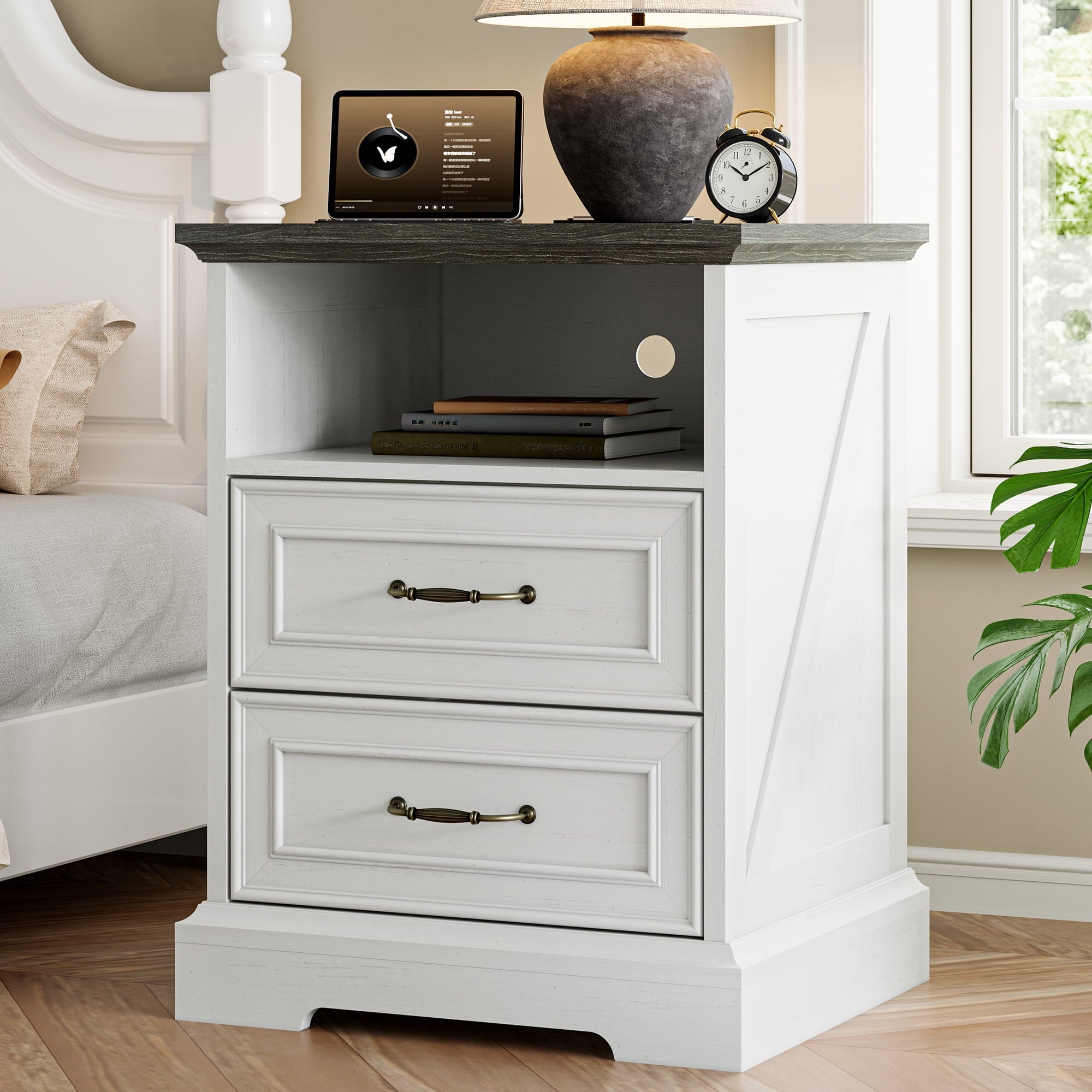 FANRAL Boho Chic 2 Drawer Nightstand with Rattan Accents,Stylish Storage Bedside Table with Shelf & Gold Handles, Night Stand
