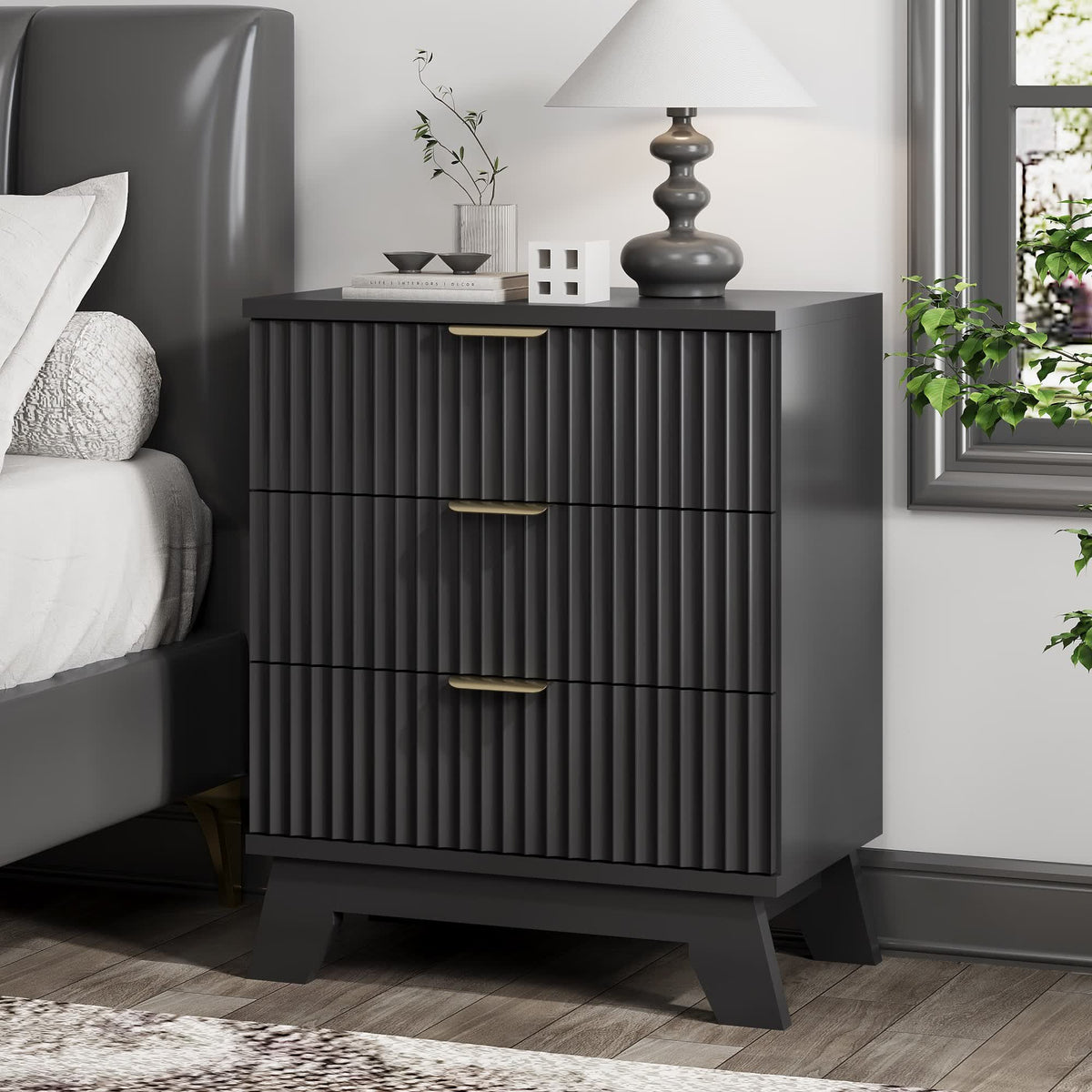 FANRAL 3 Large Drawer Nightstand,30" Tall Night Stand,24" Wide Side Table, Fluted Bedside Table Modern End Table Small Dresser for Bedroom, Nightstand
