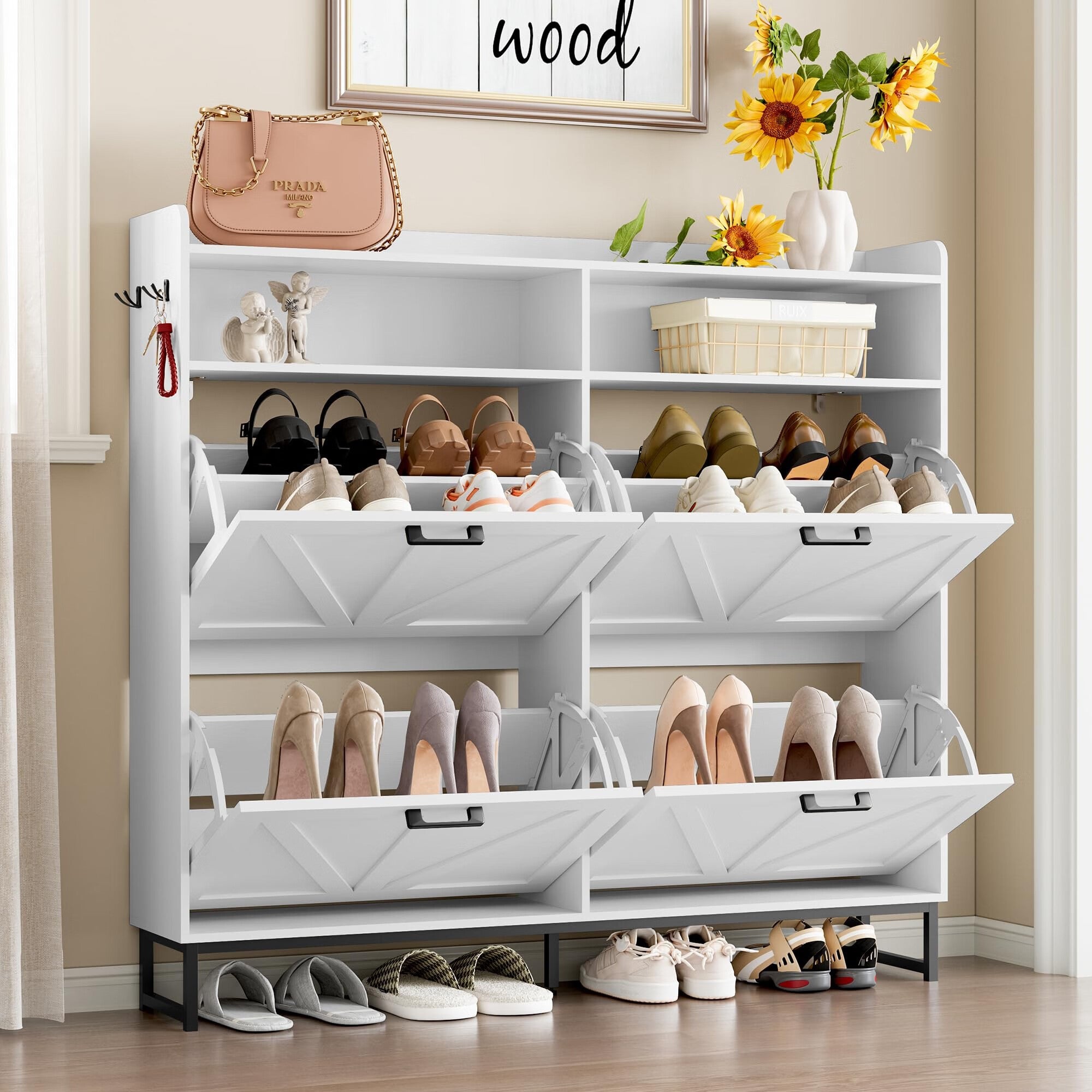 FANRAL Shoe Storage Cabinet for Entryway,2 Flip Drawer & Open Storage Shoe Rack Organizer,en Narrow Shoes Cabinet,