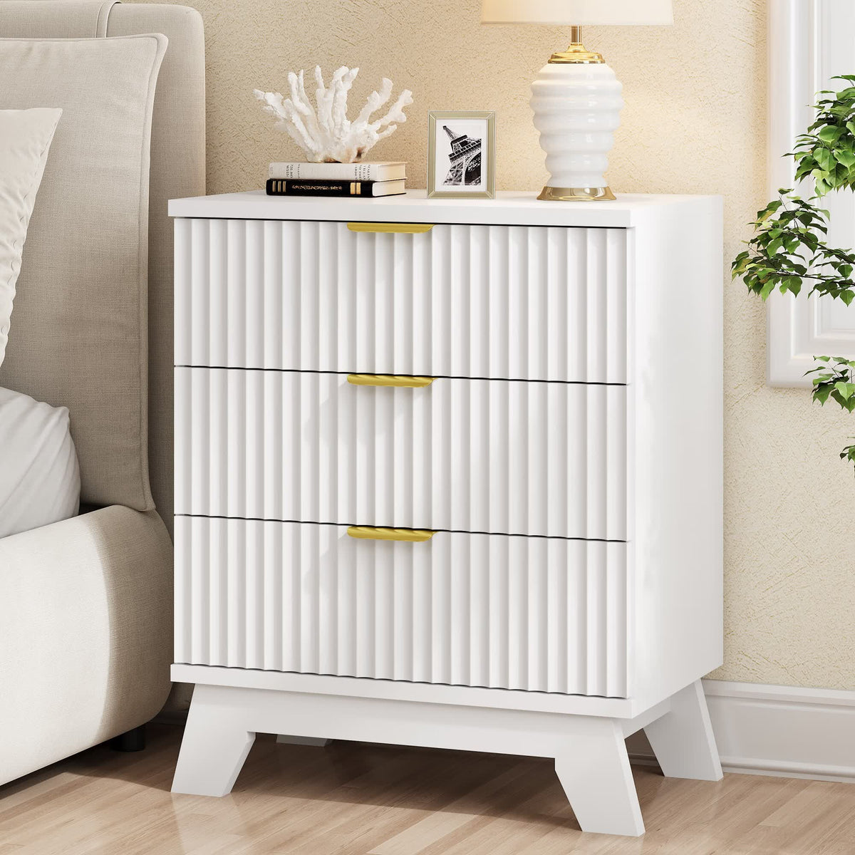 FANRAL 3 Large Drawer Nightstand,30" Tall Night Stand,24" Wide Side Table, Fluted Bedside Table Modern End Table Small Dresser for Bedroom, Nightstand