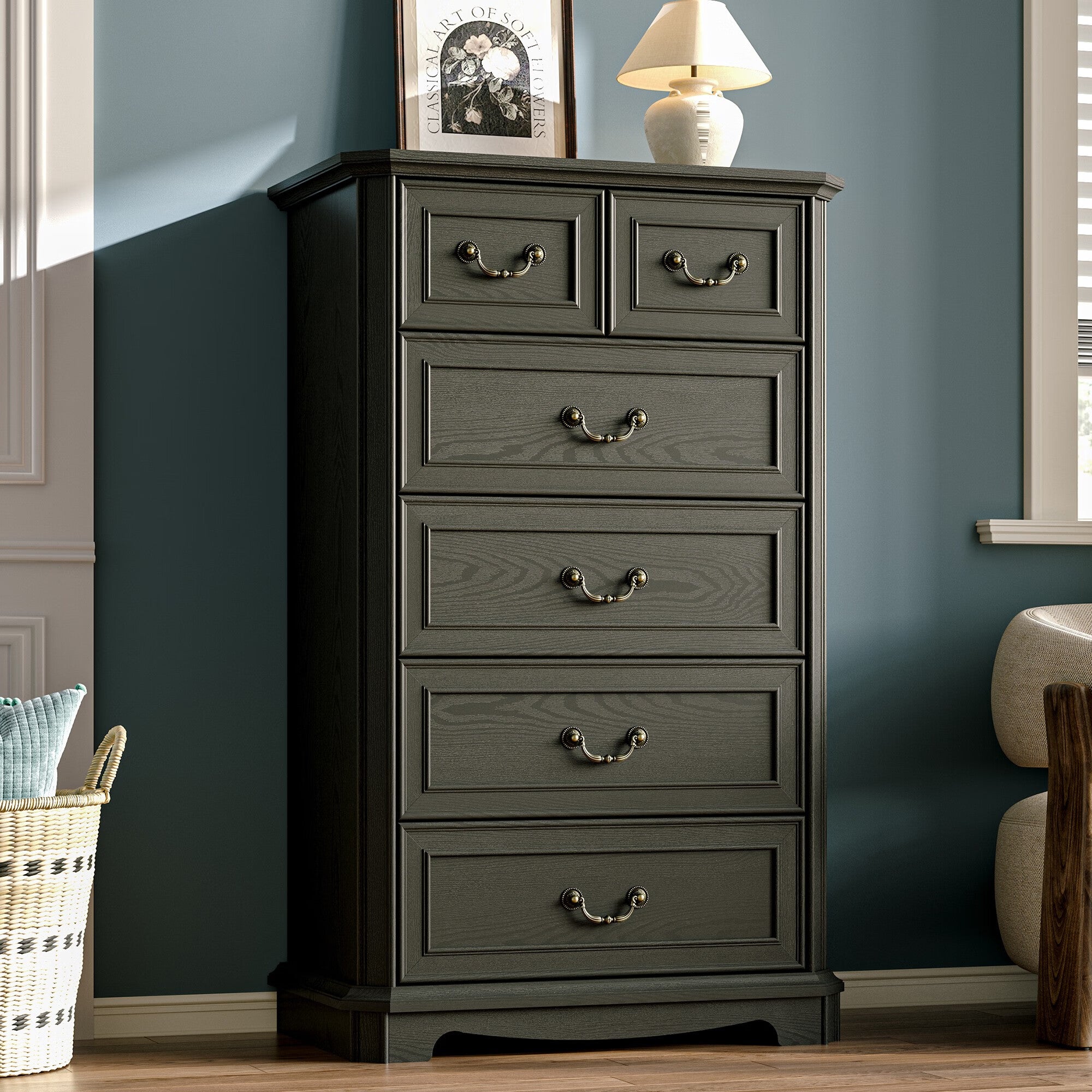 FANRAL Farmhouse 6 Drawers Dresser,Rustic Dresser for Bedroom,Chest of Drawers with Metal Handle,en Dresser for Closet, Dresser