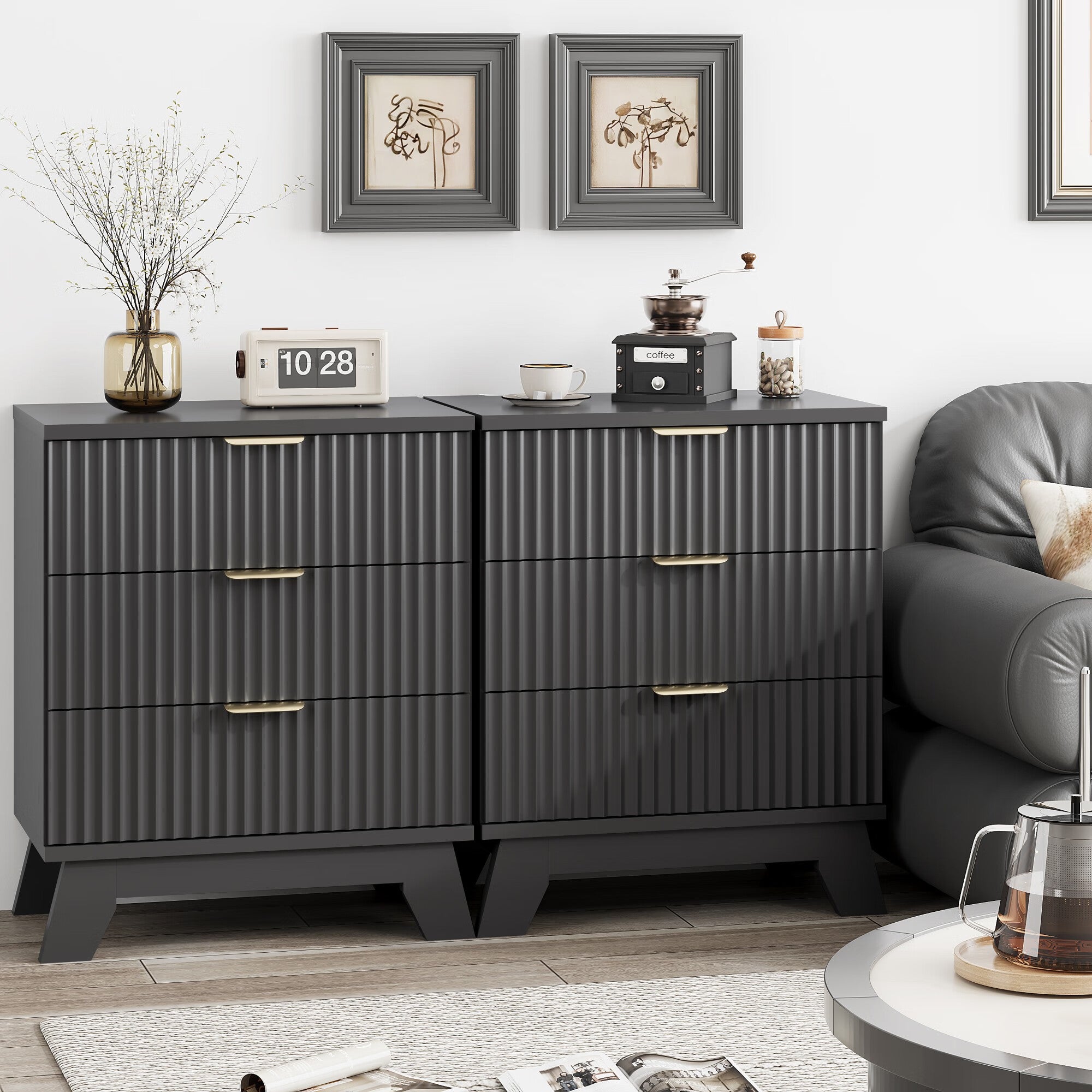 FANRAL 3 Large Drawer Nightstand,30" Tall Night Stand,24" Wide Side Table,Wood Fluted Bedside Table Modern End Table Small Dresser for Bedroom